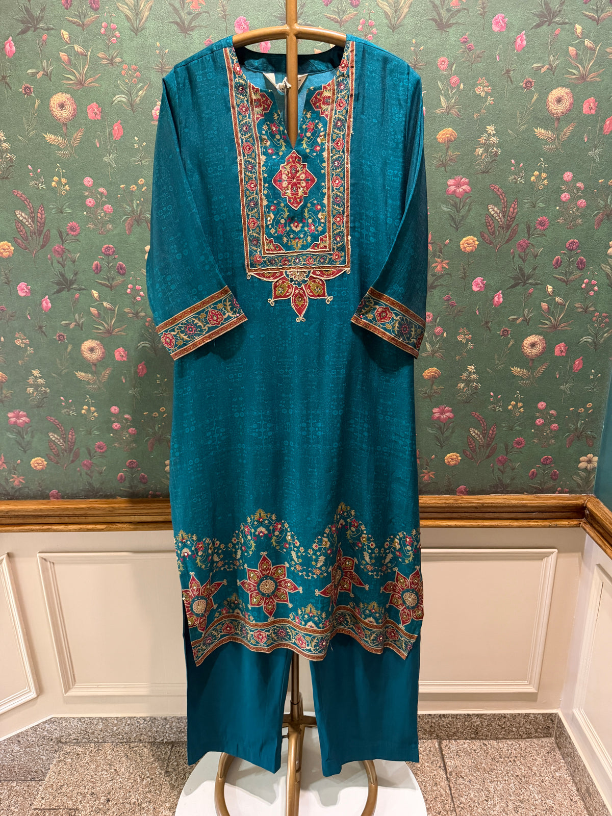 Teal Green Printed Soft Silk Suit Set