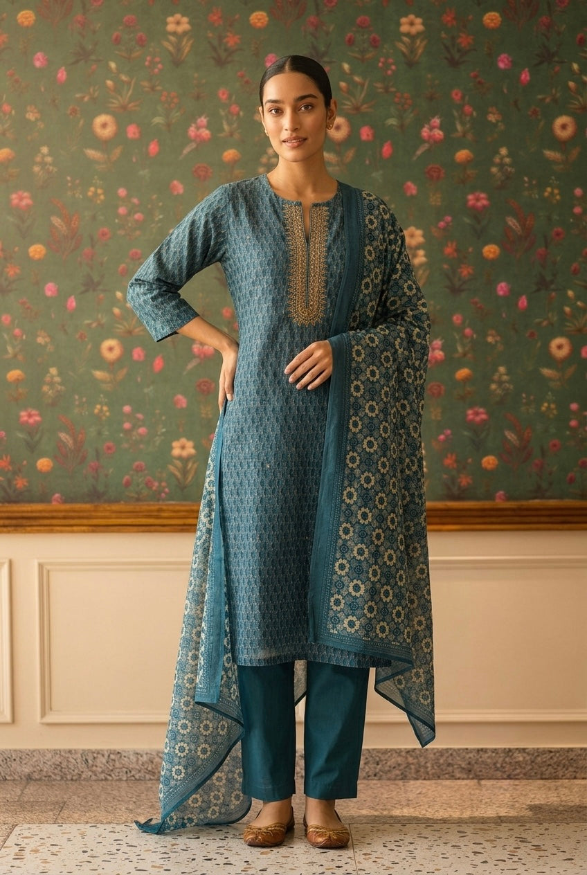 Teal Blue Printed Chanderi Suit Set with Zari | HER-397