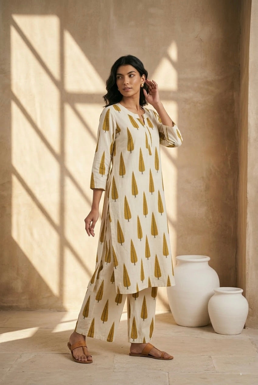 Mustard Yellow Cotton Printed Kurta Set | HER-711
