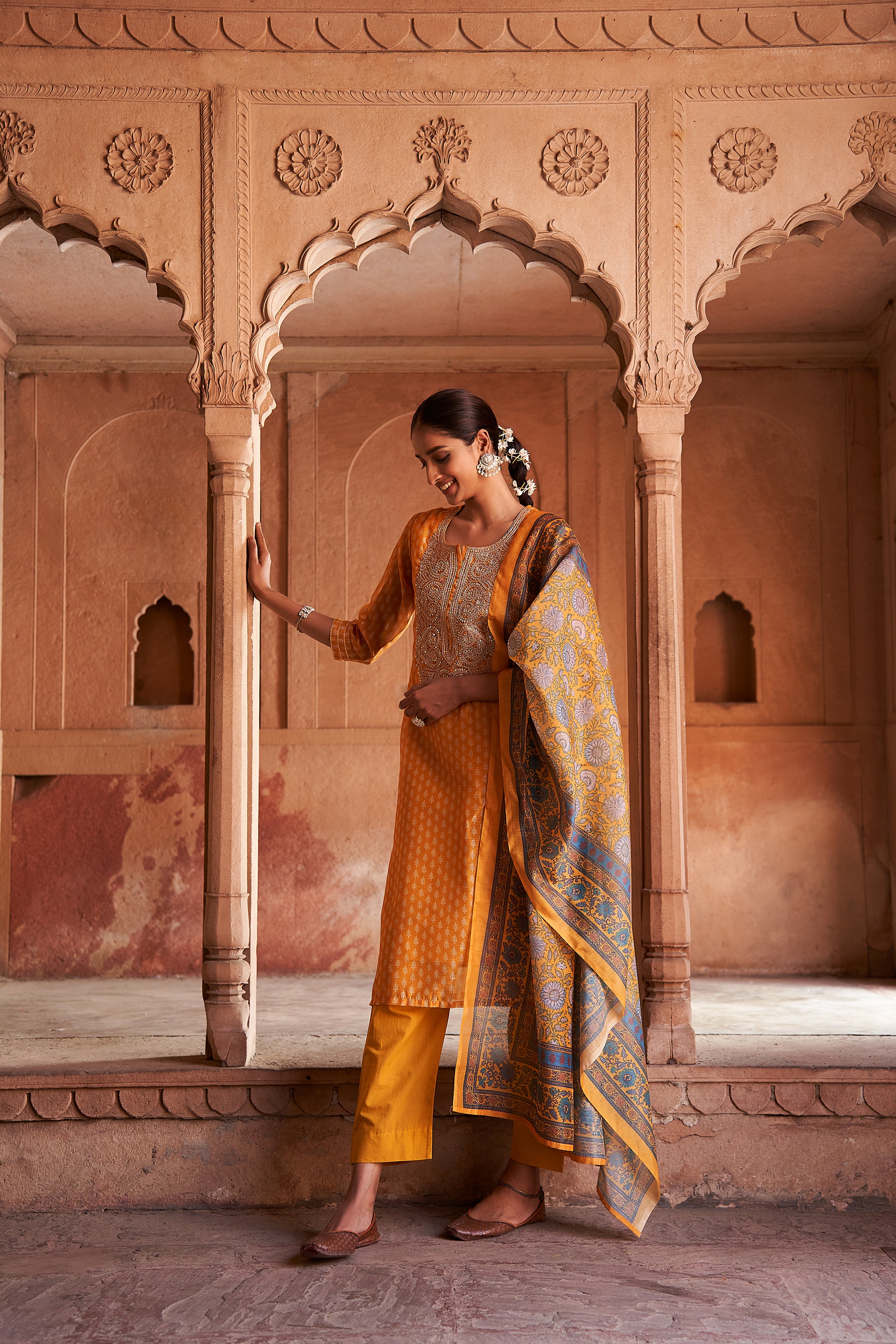 Mustard Chanderi Embroidered Suit Set