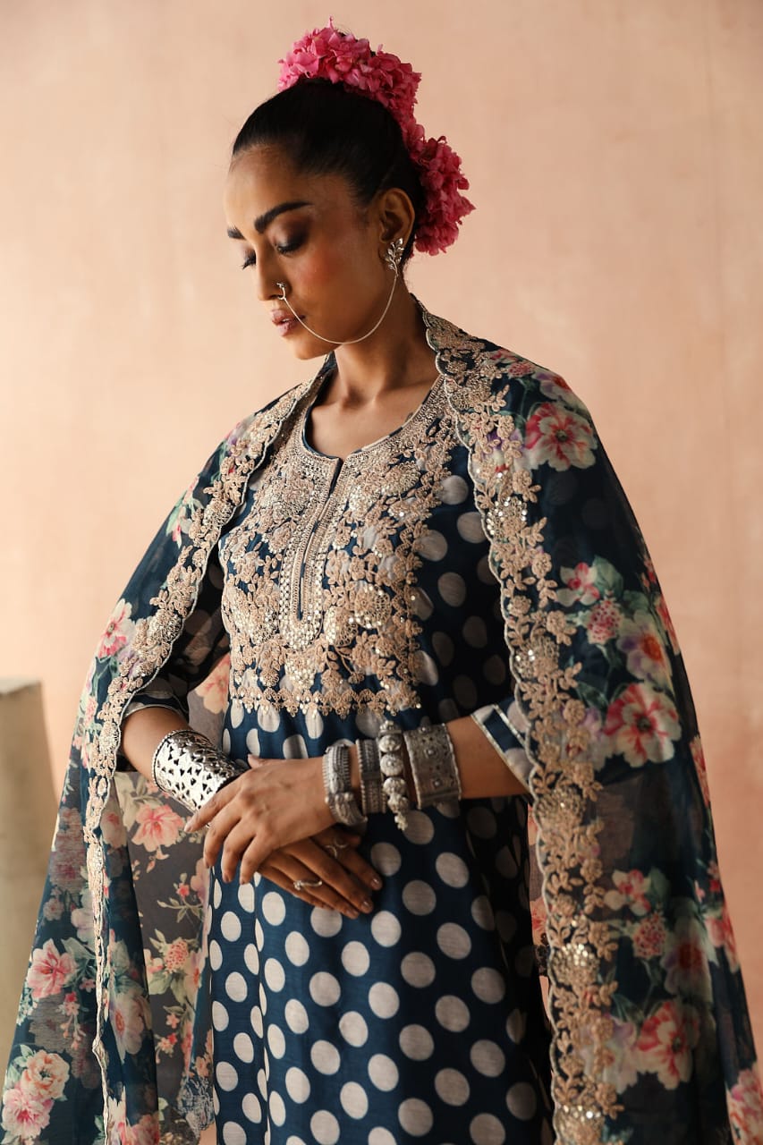 Blue Polka Chanderi Kurta Set | HER-253