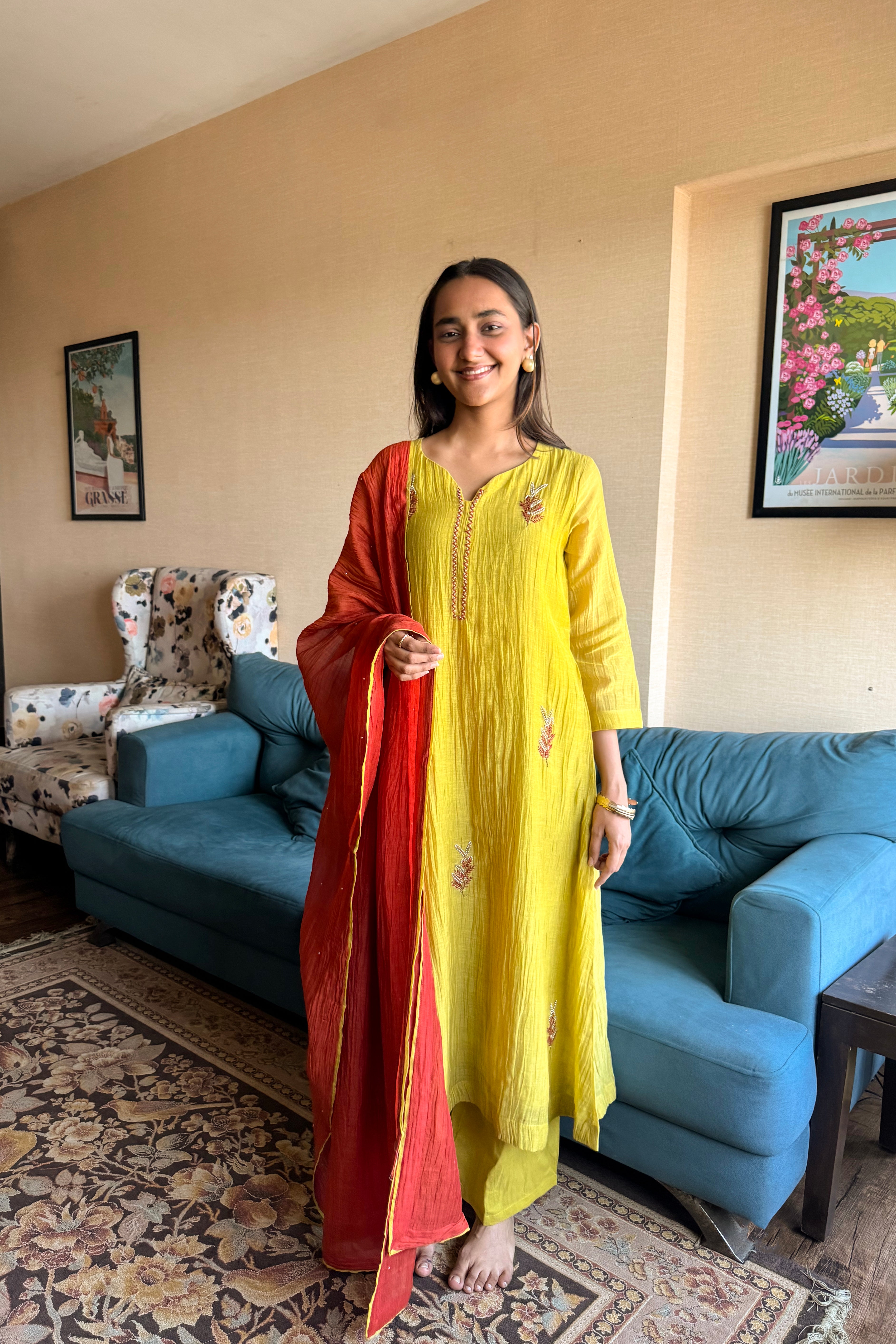 Vanyara Lime Green A-Line Mul Chanderi Suit Set | HER-625