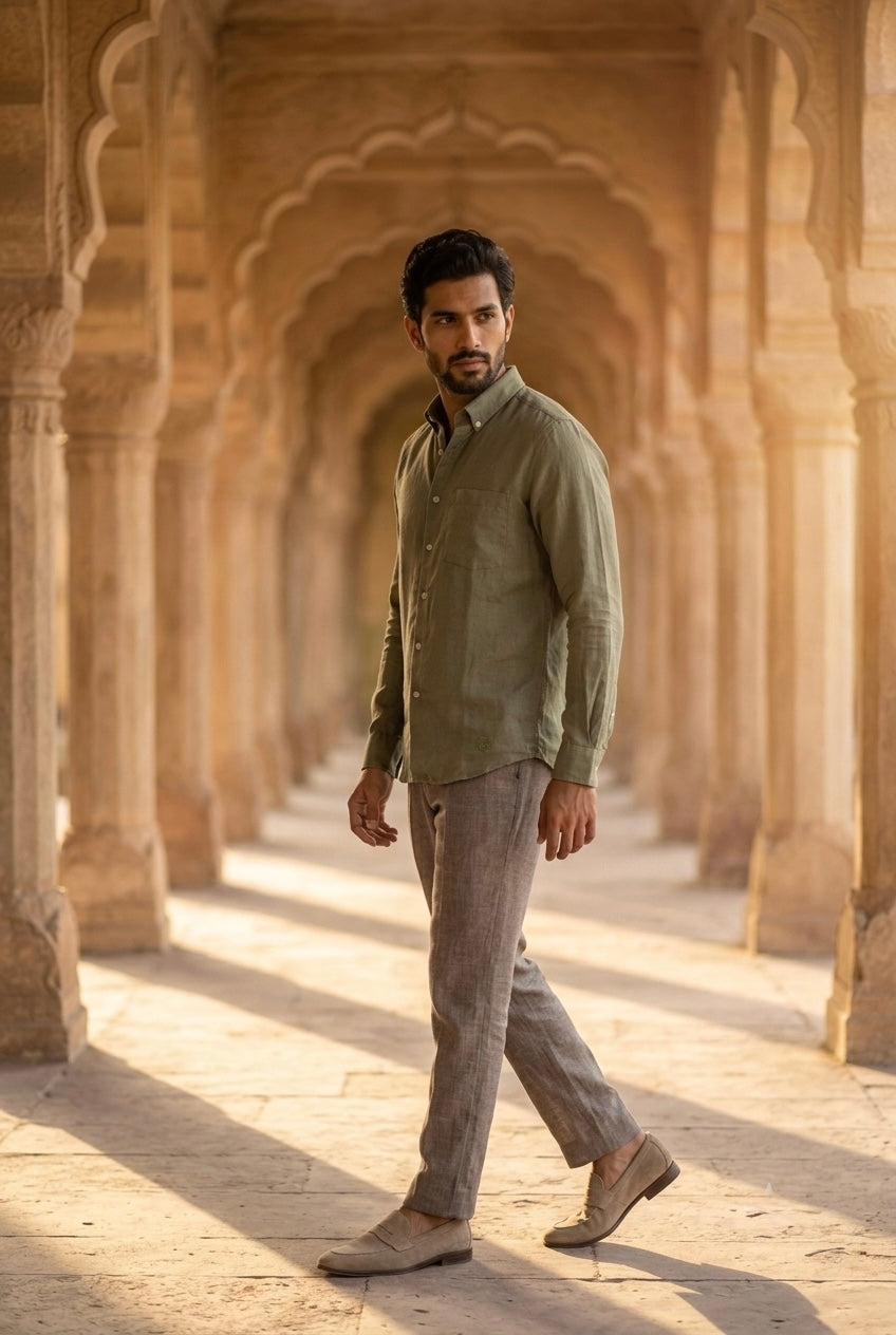 Men’s Sage Olive Green Pure Linen Full Sleeves Shirt