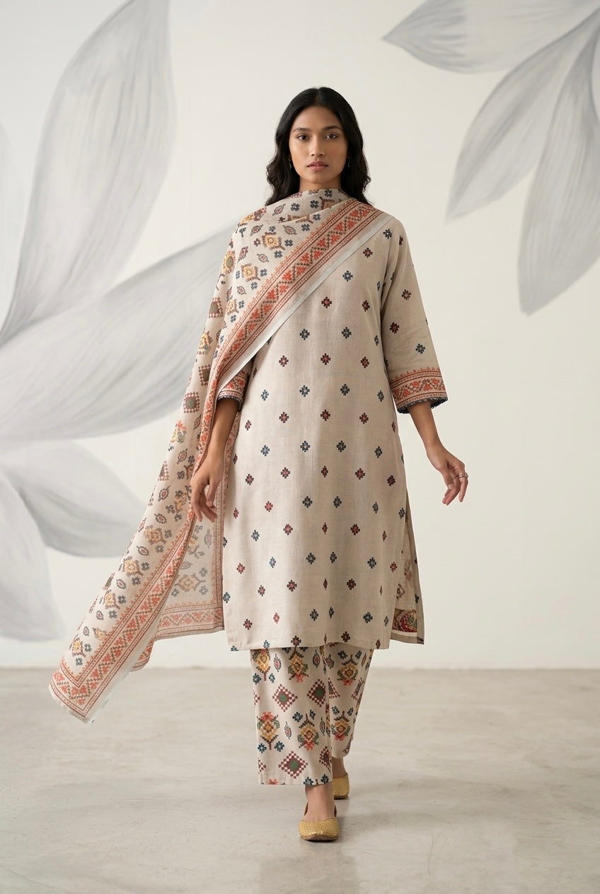Ivory Linen Printed Suit Set | HER-641