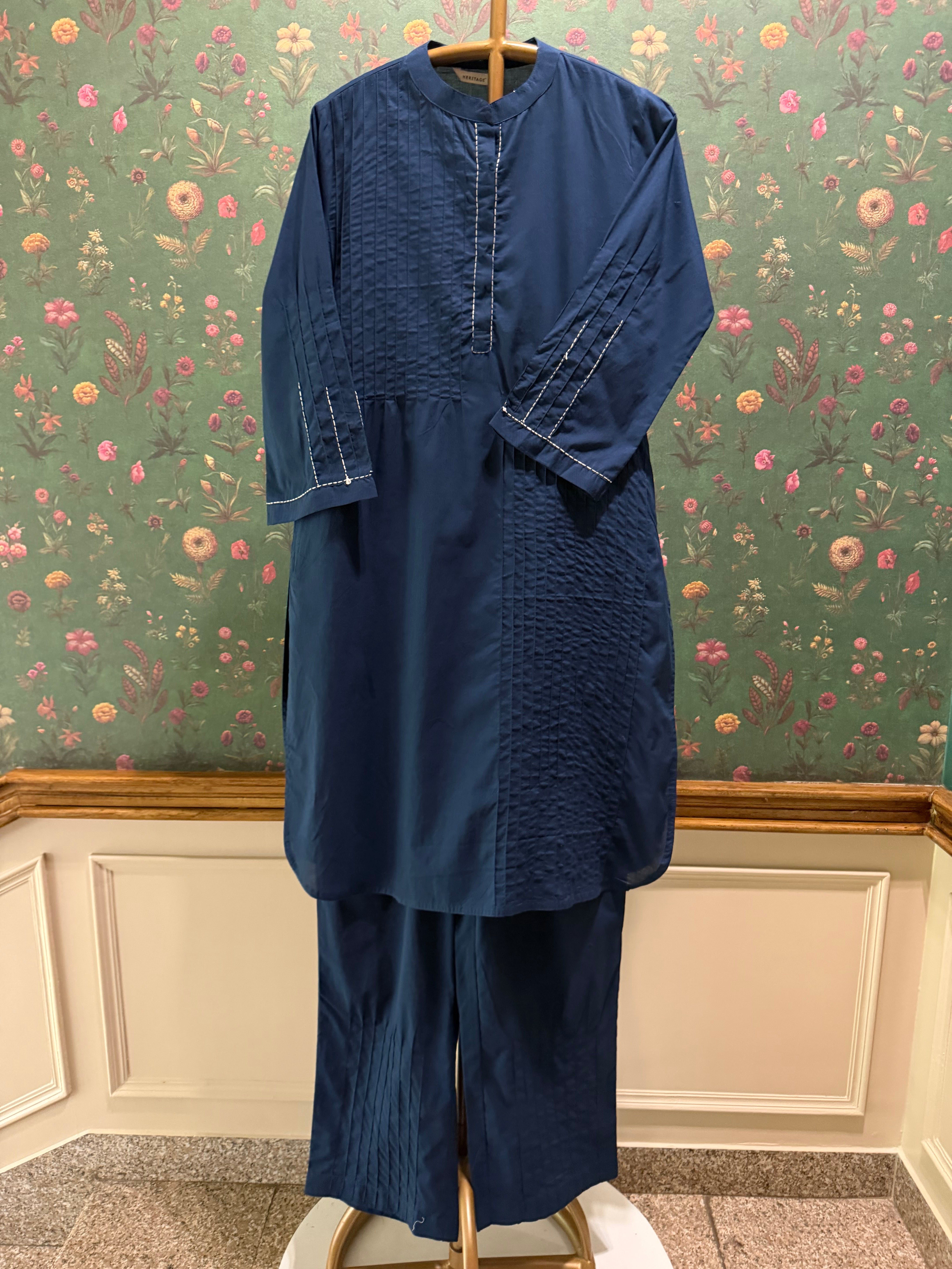 Navy Blue Pintuck Kurta Set | HER-698