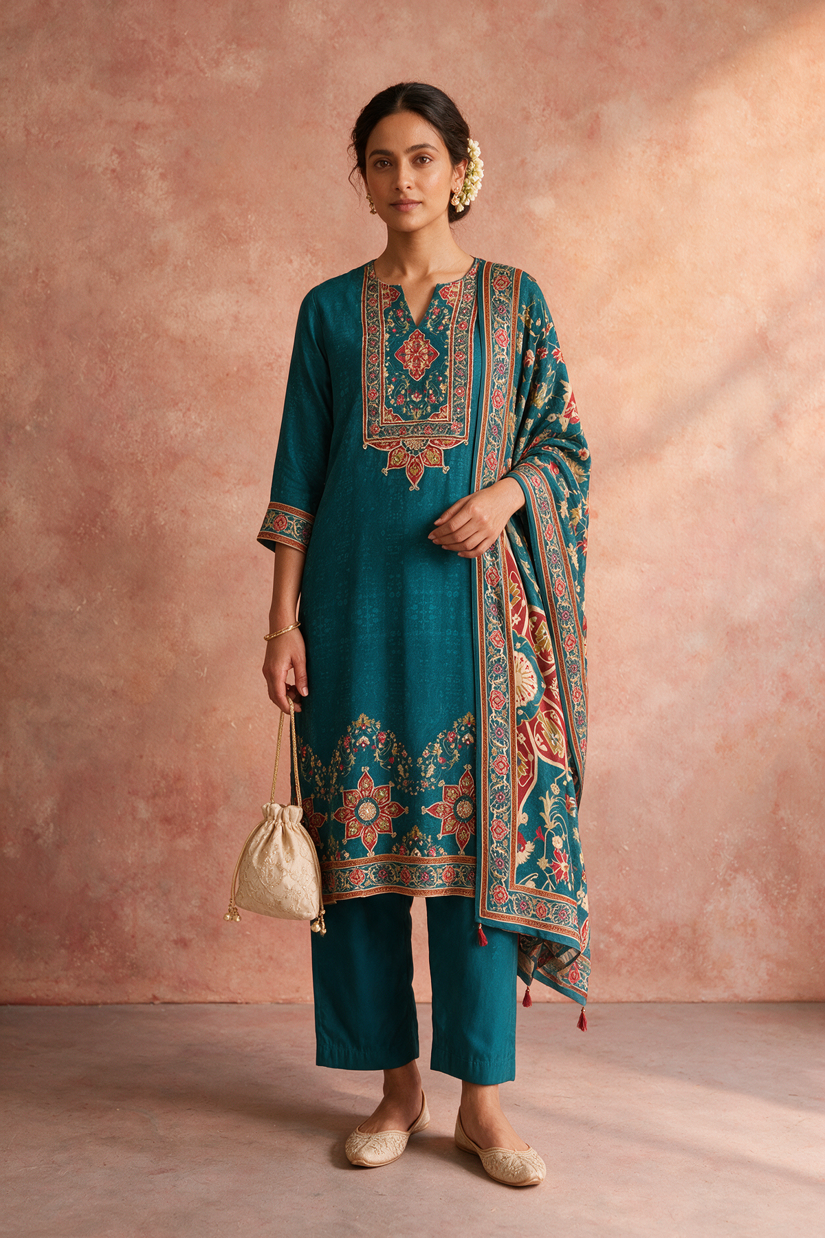 Teal Green Printed Soft Silk Suit Set
