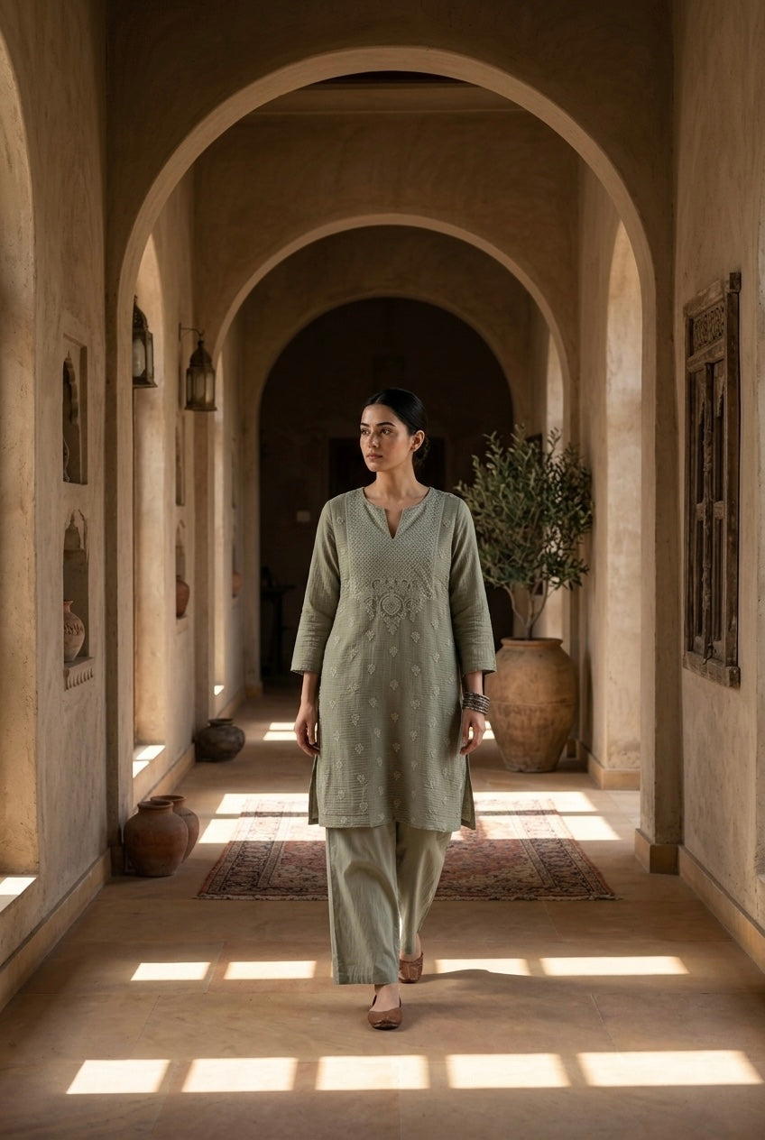 Olive Mul-Chanderi Kurta Set