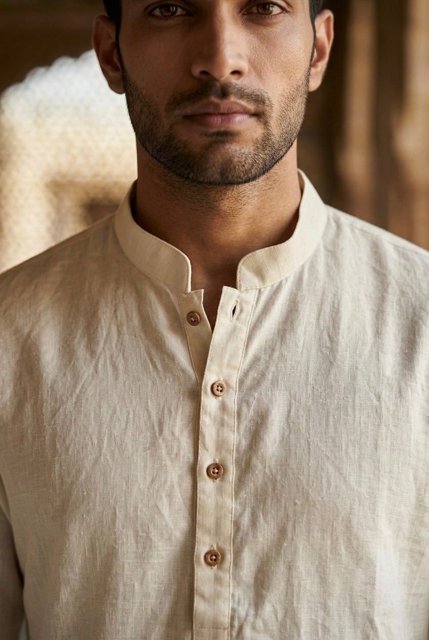 Men’s Pure Linen Kurta Pajama Set – Warm Ivory