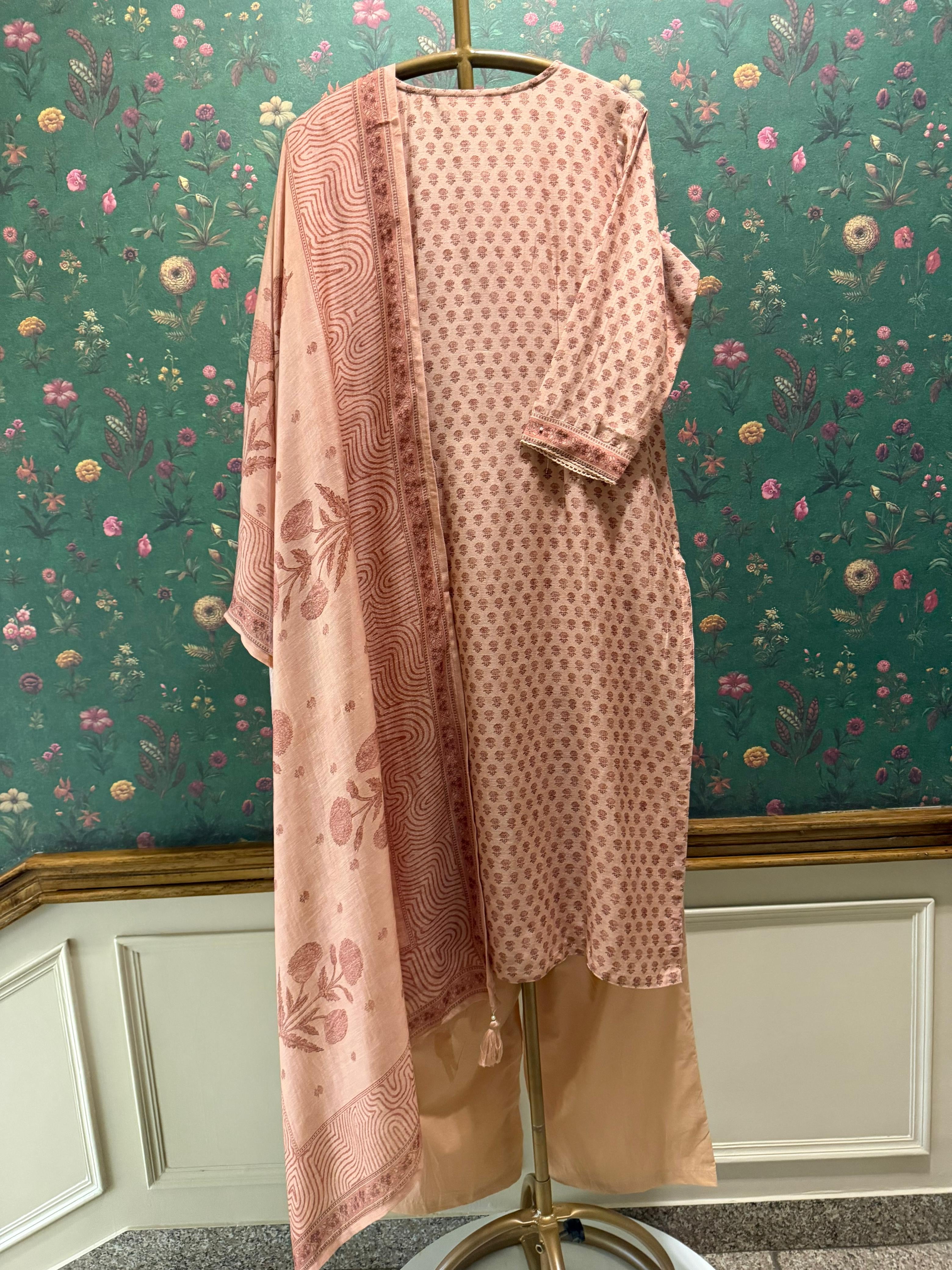 Dusty Peach Printed Linen Cotton Suit Set | HER-772