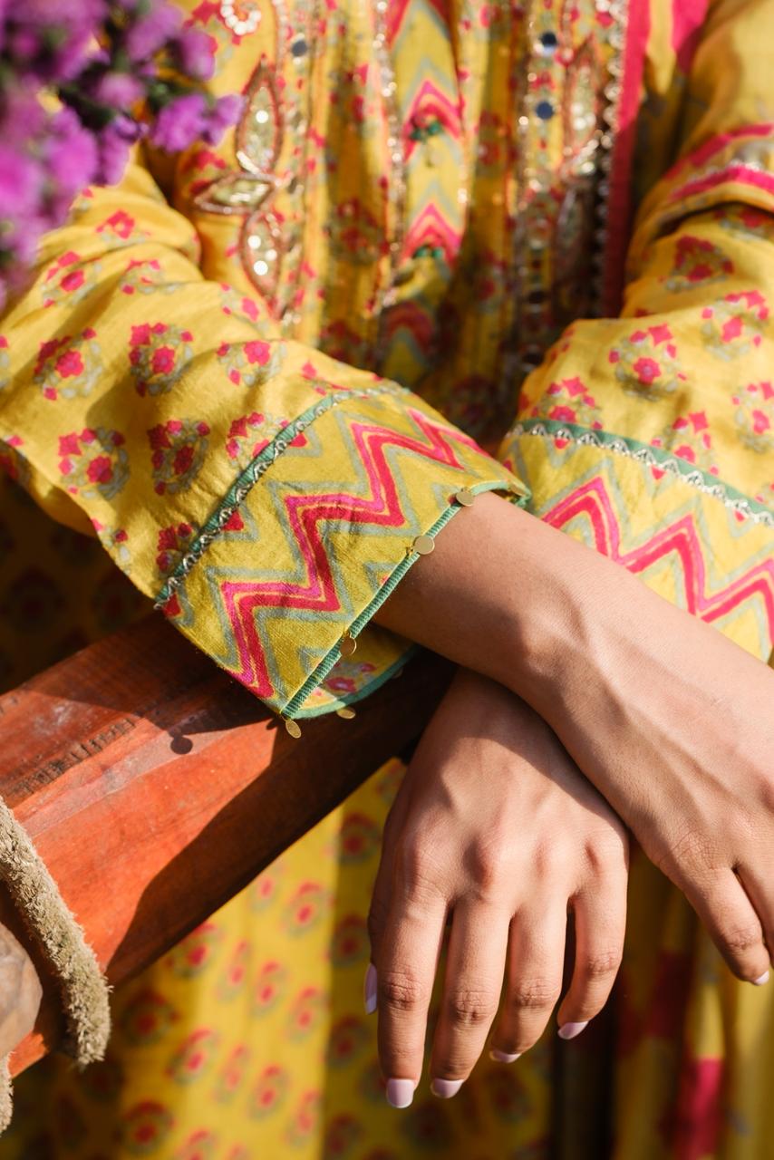 Sunshine Yellow Floral Chanderi Silk Suit Set | HER-636