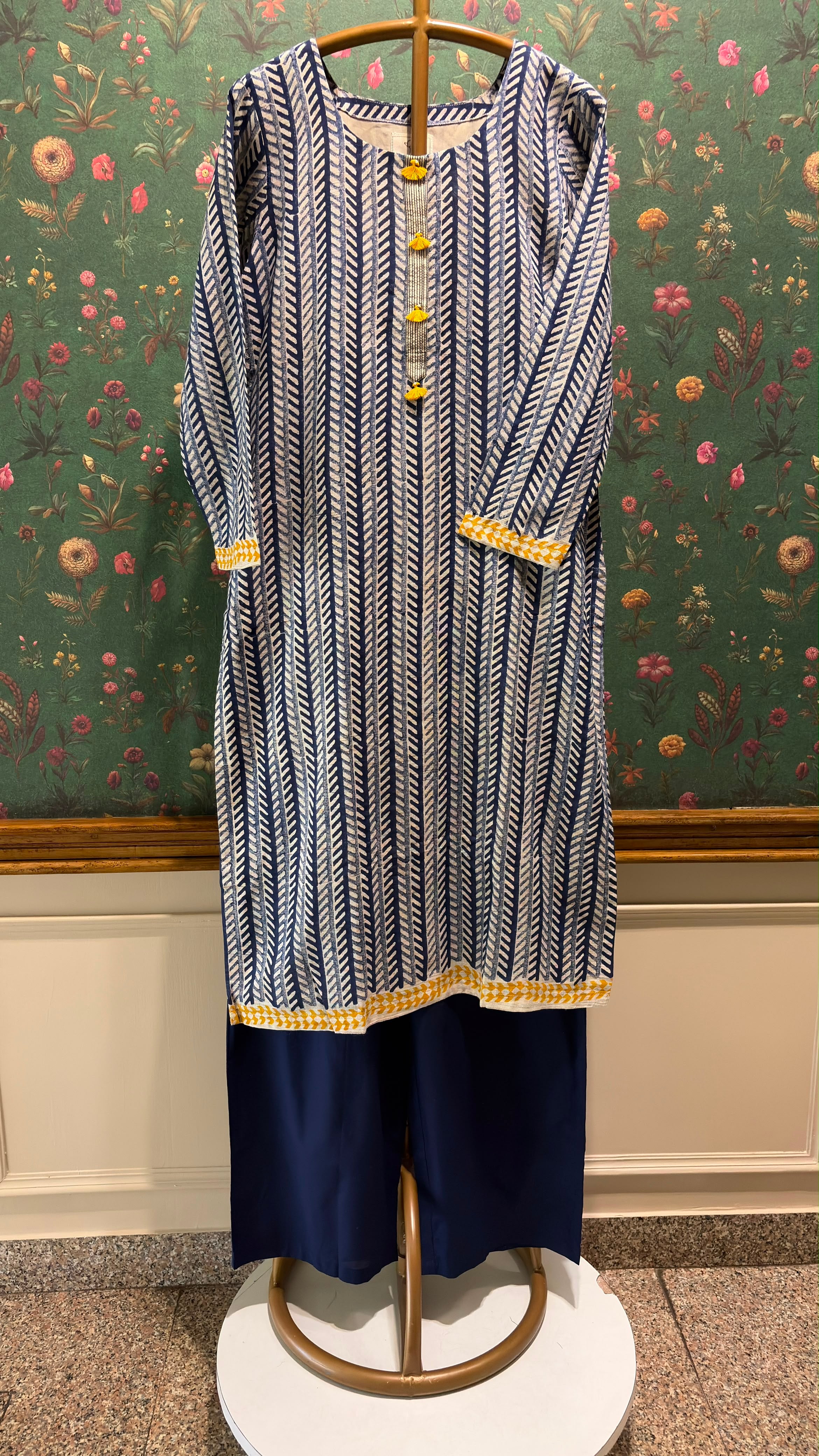 Indigo Mustard Handblock Printed Linen Suit Set