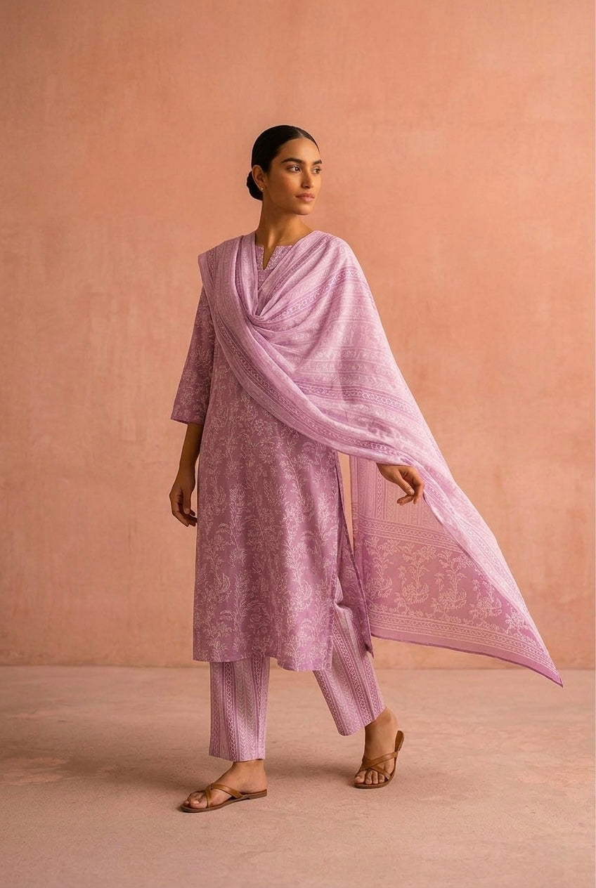 Blush Pink Printed Cotton Suit Set | HER-731