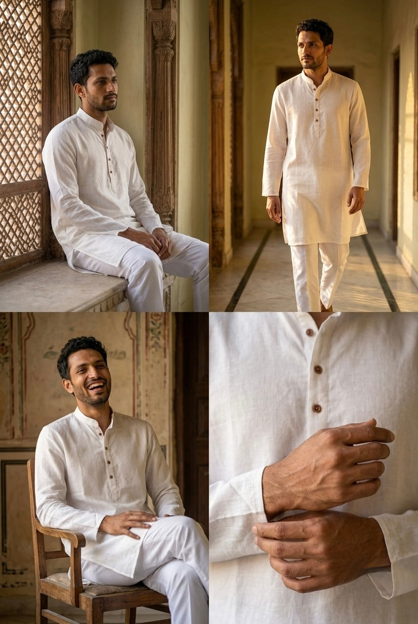 Men’s Pure Linen Kurta Pajama Set – Ivory White