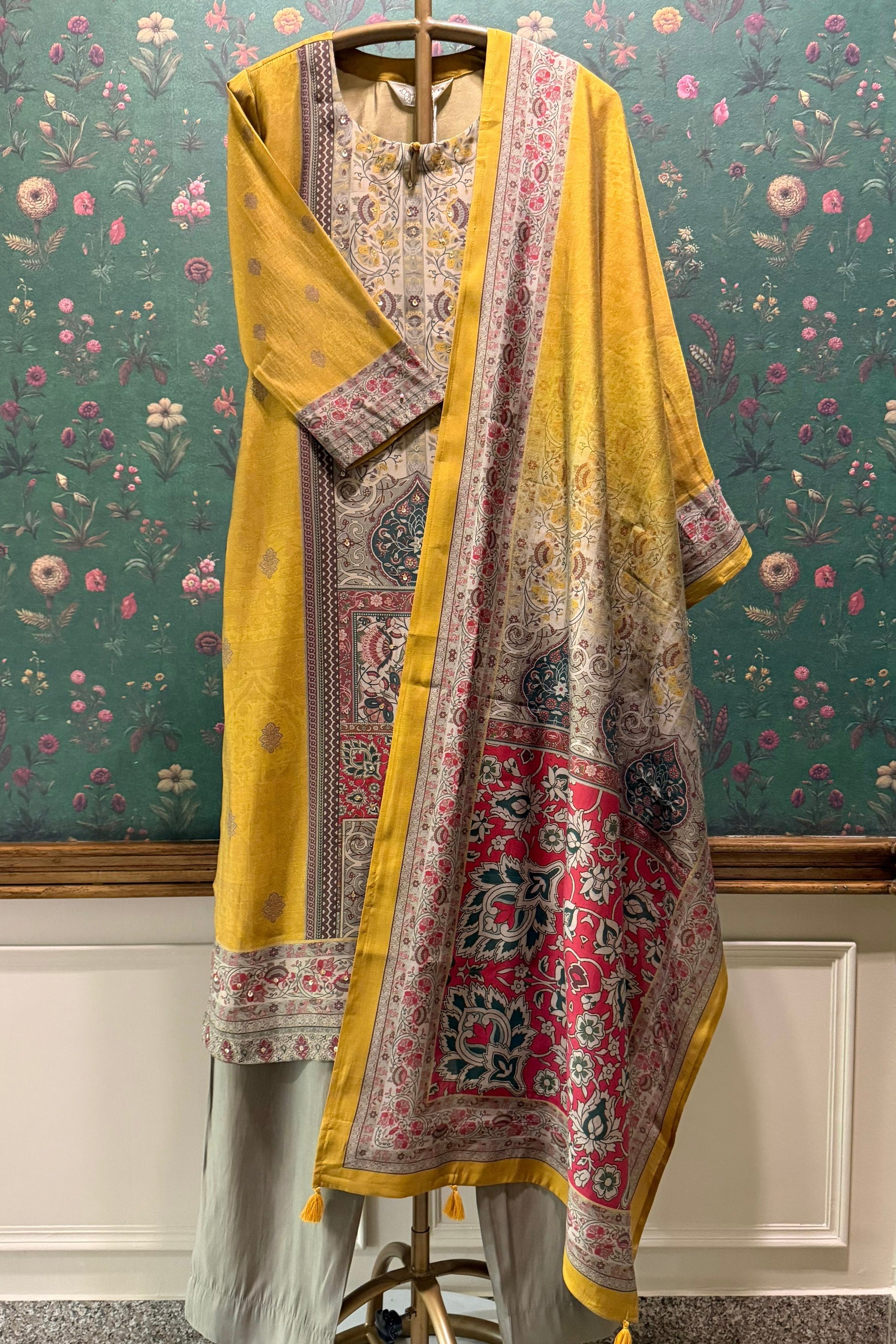 Mustard & Taupe Mughal Print Embellished Suit Set | HER-571