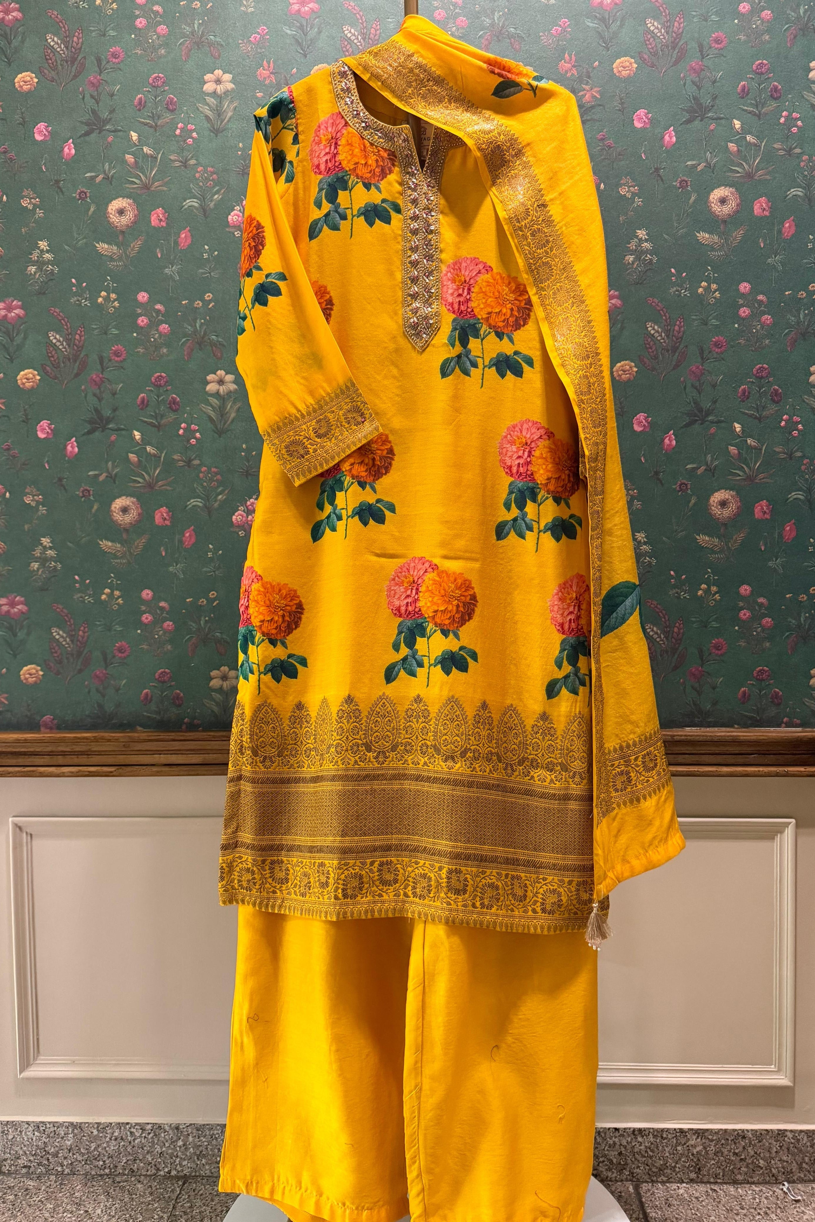 Yellow Floral Chanderi Suit Set | HER-608