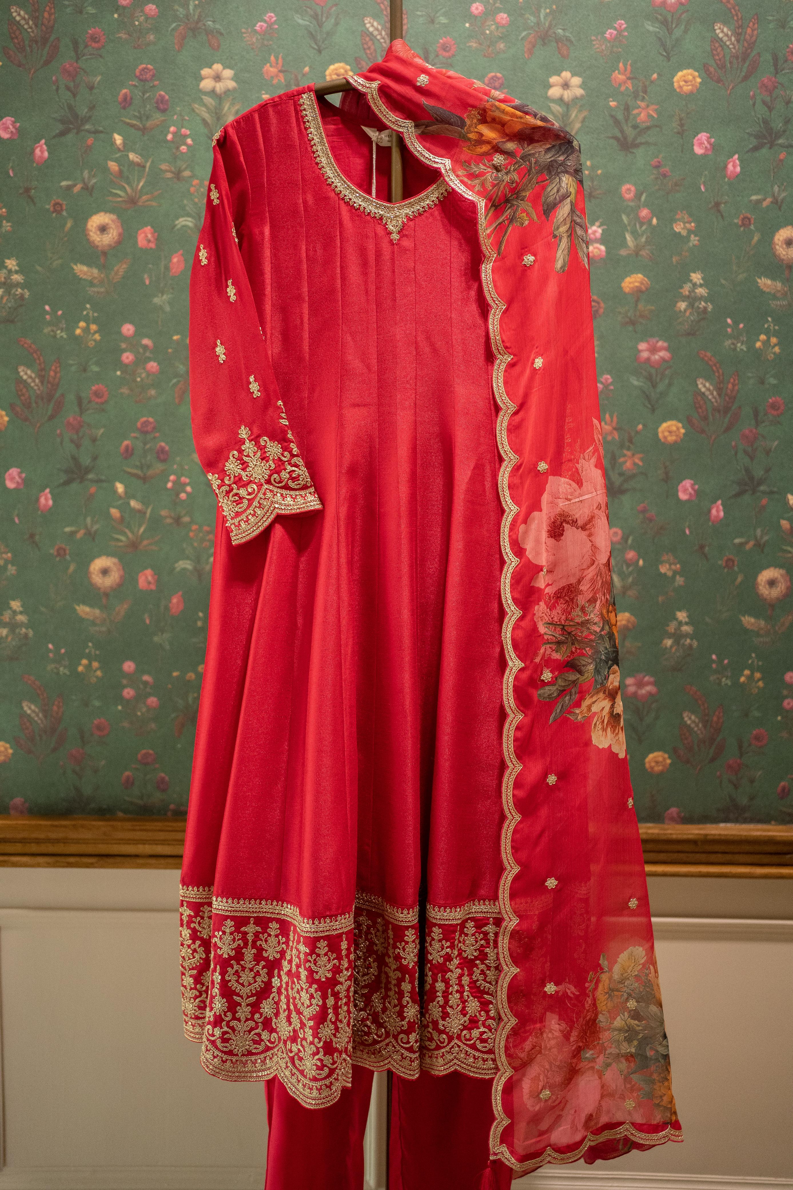 Ruhani Red Satin Silk Suit Set with Golden Embroidery & Floral Organza Dupatta | HER-560