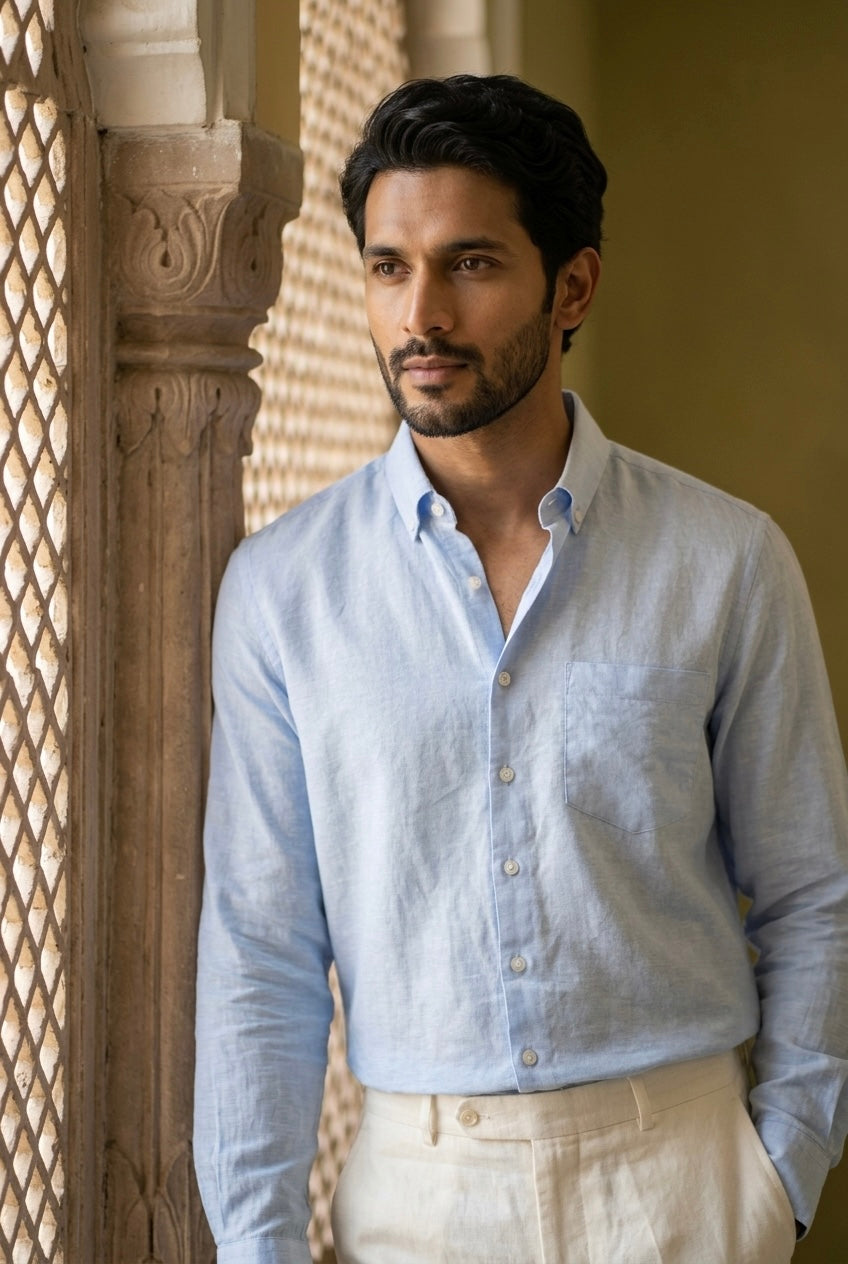 Pastel Blue Men’s Pure Linen Full Sleeves Shirt