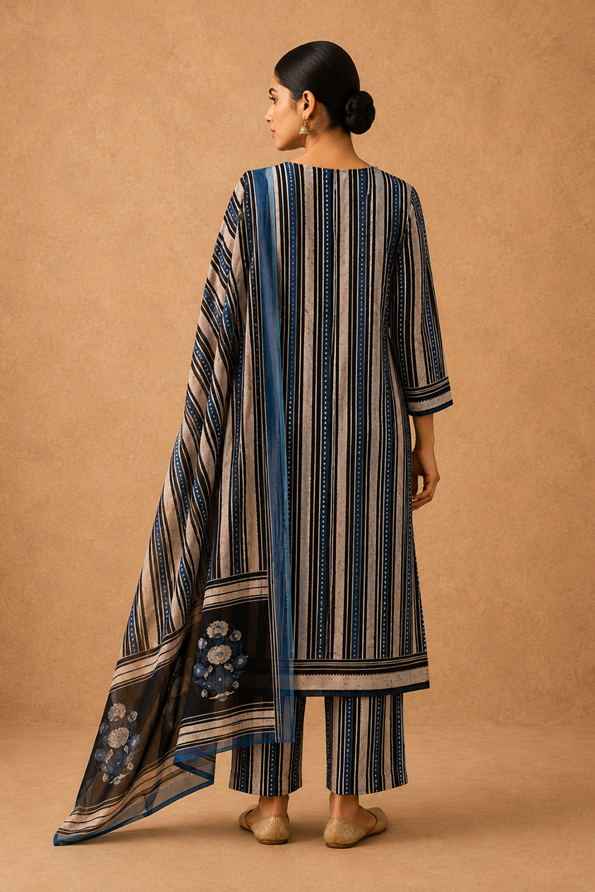 Blue Floral Printed Linen Suit Set | HER-644