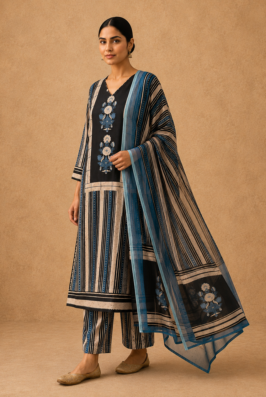 Blue Floral Printed Linen Suit Set | HER-644