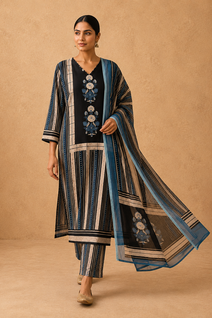 Blue Floral Printed Linen Suit Set | HER-644