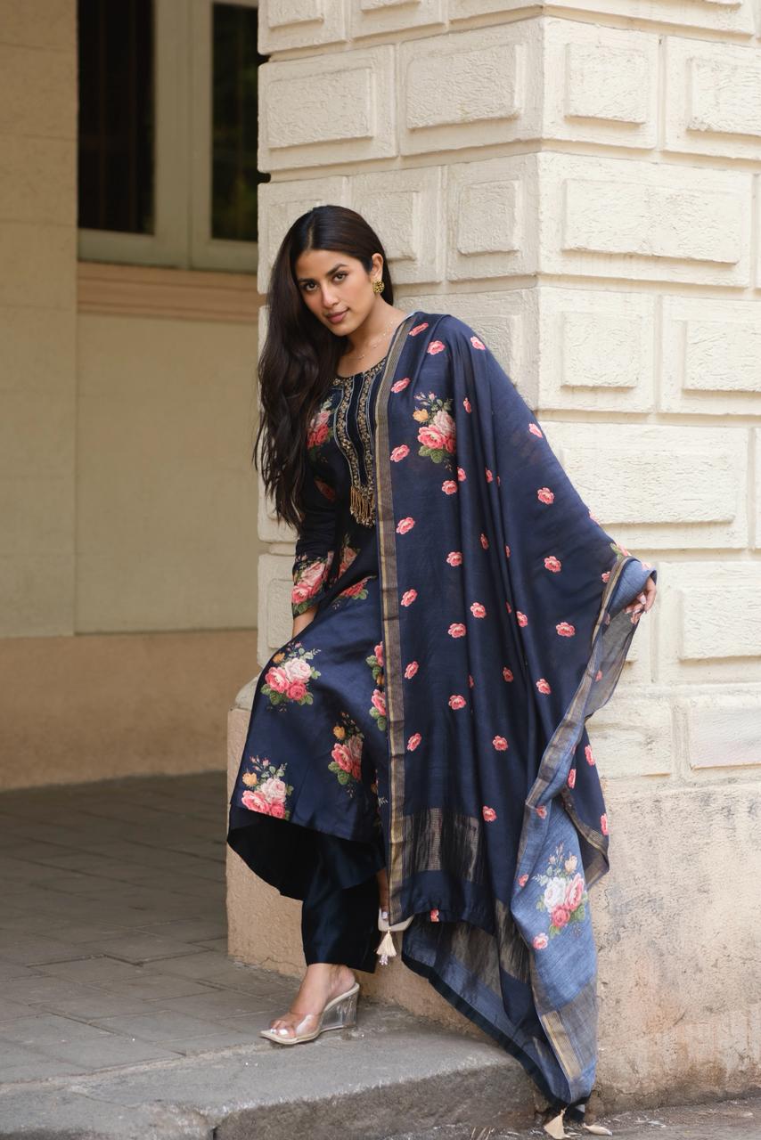 Twilight Black Floral Chanderi A-Line Suit Set x Celina | HER-607