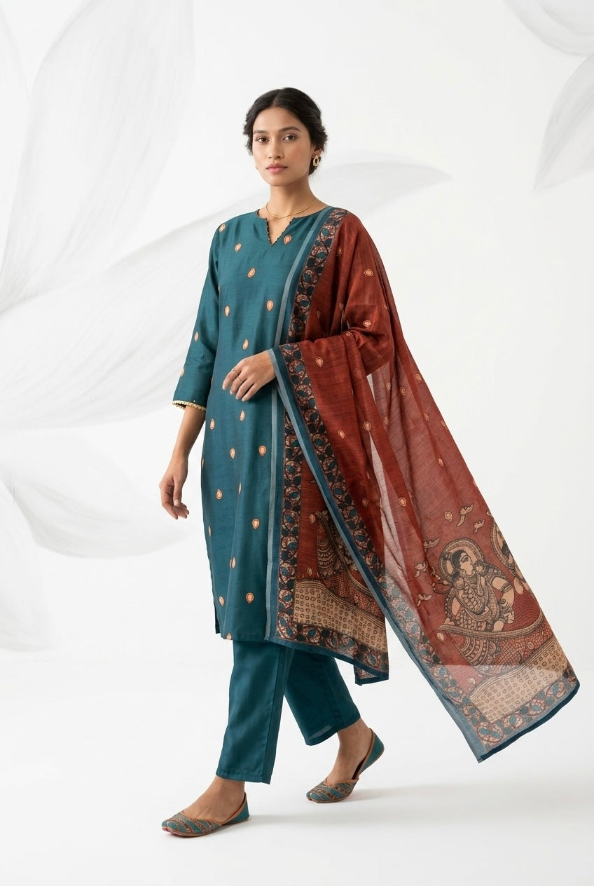 Teal Blue Madhubani Cotton Suit Set | HER-642