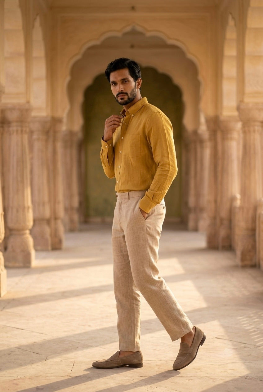 Men’s Mustard Yellow Pure Linen Full Sleeves Shirt