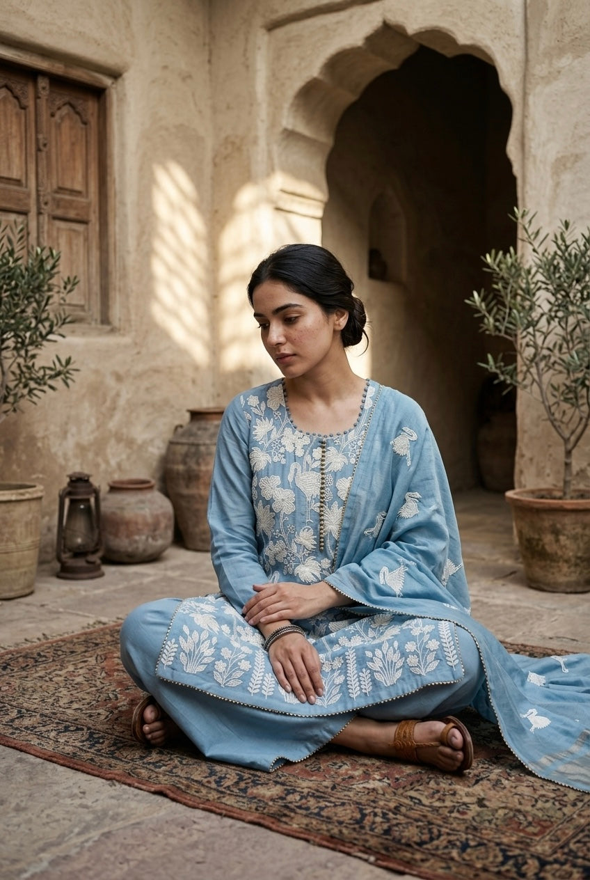 Powder Blue Floral Crane Embroidered Suit Set