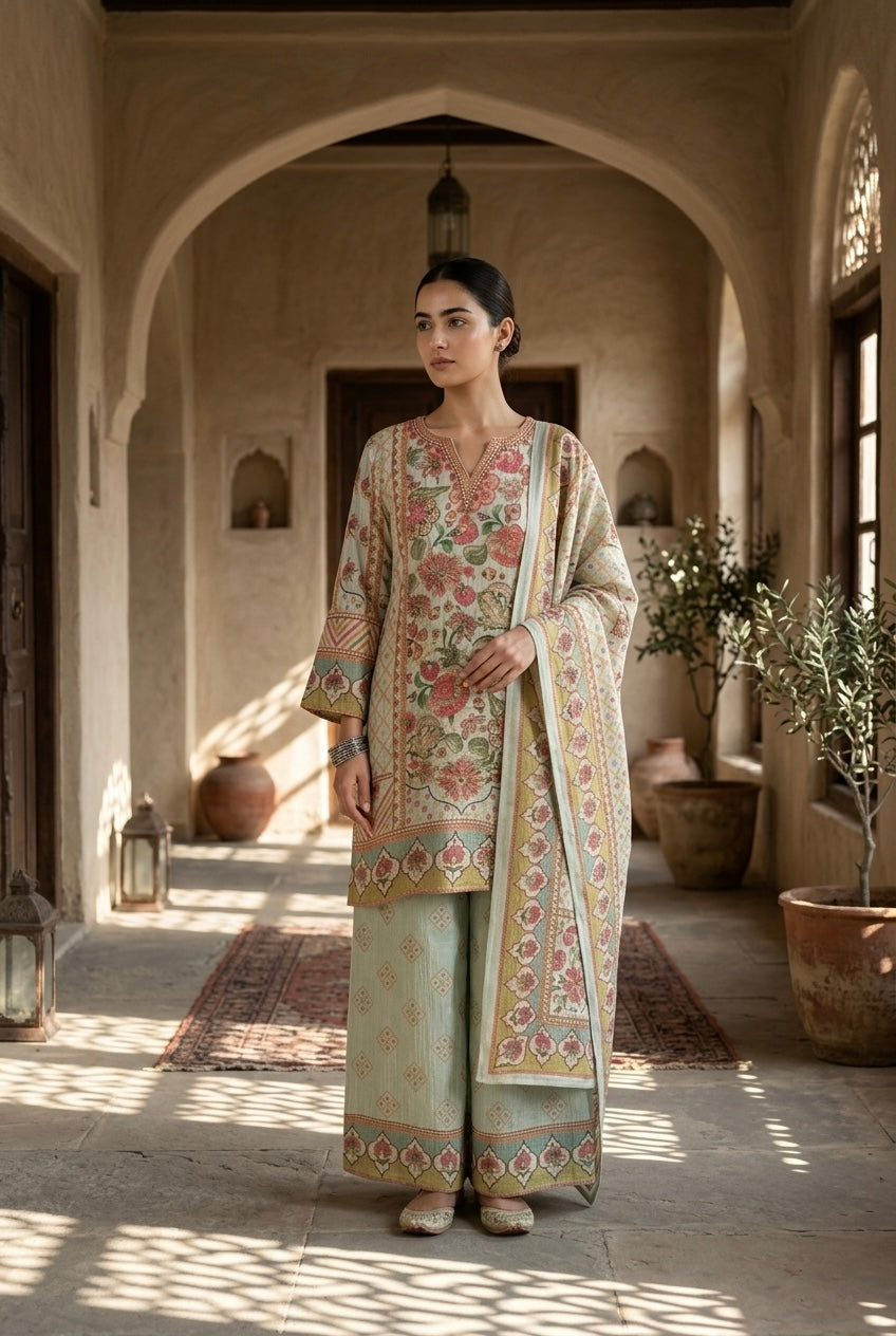 Pastel Green Crushed Tissue Floral Suit Set