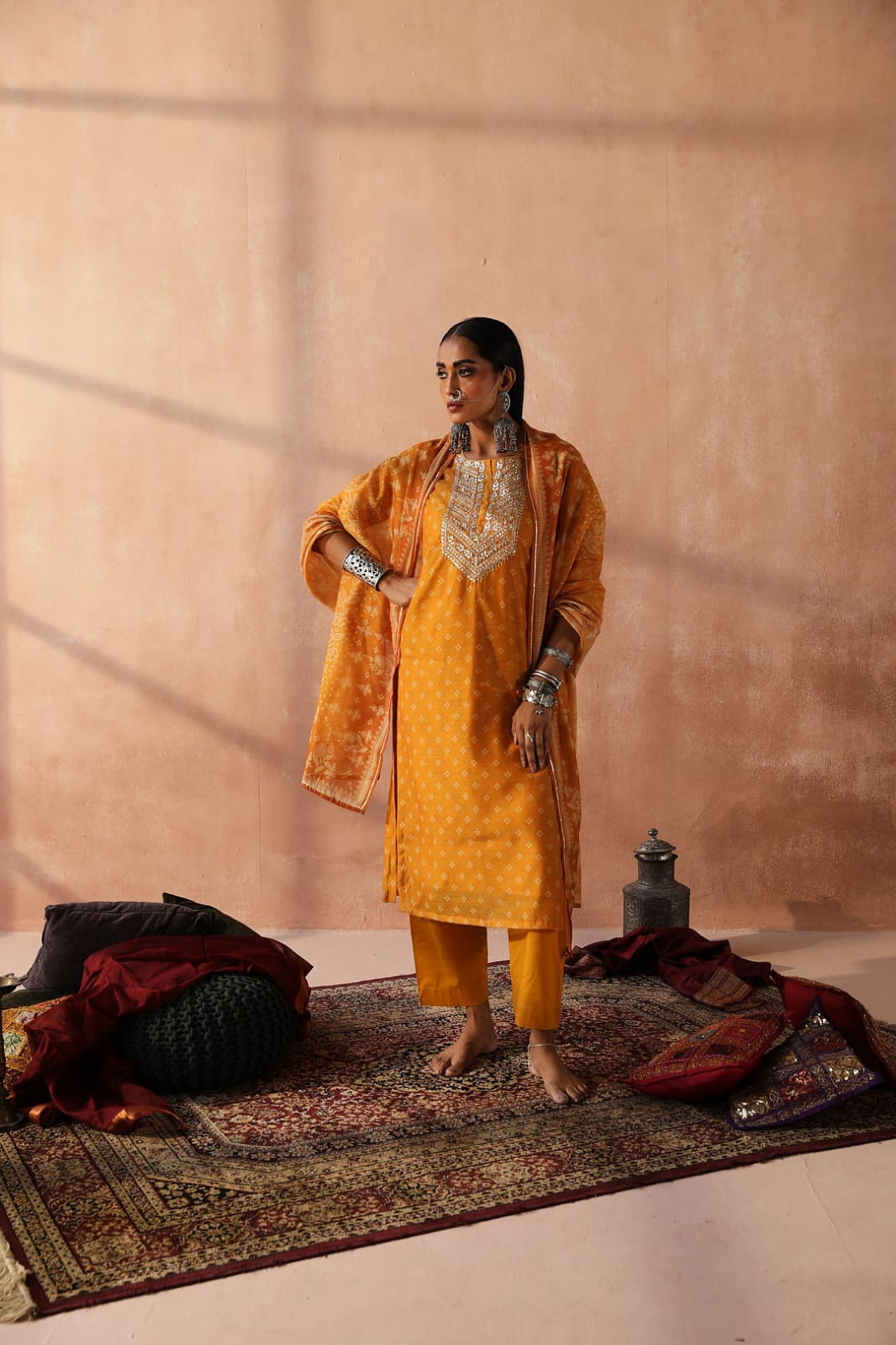 Mustard Yellow Bandhani Chanderi Suit Set