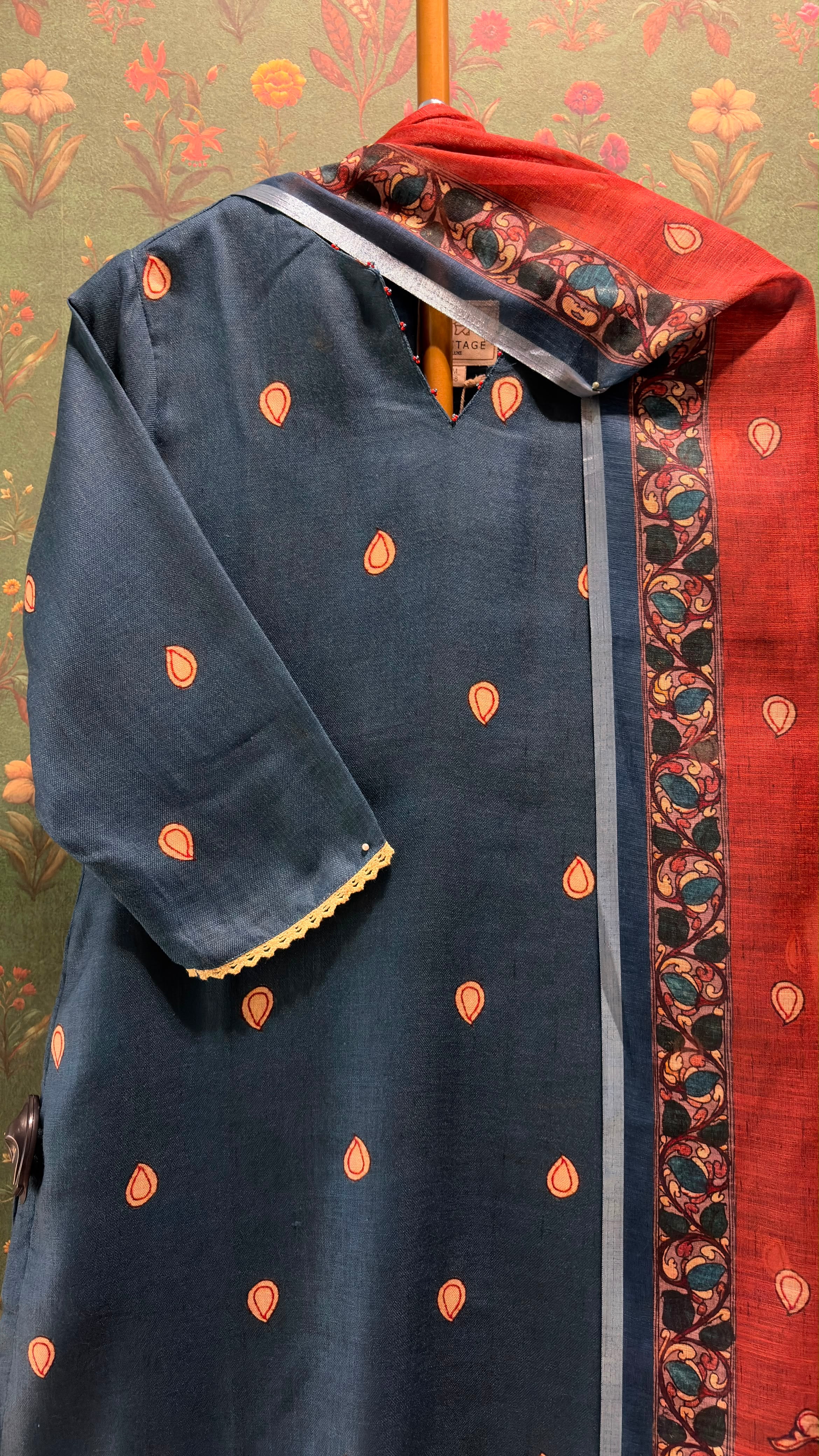 Teal Blue Madhubani Cotton Suit Set | HER-642