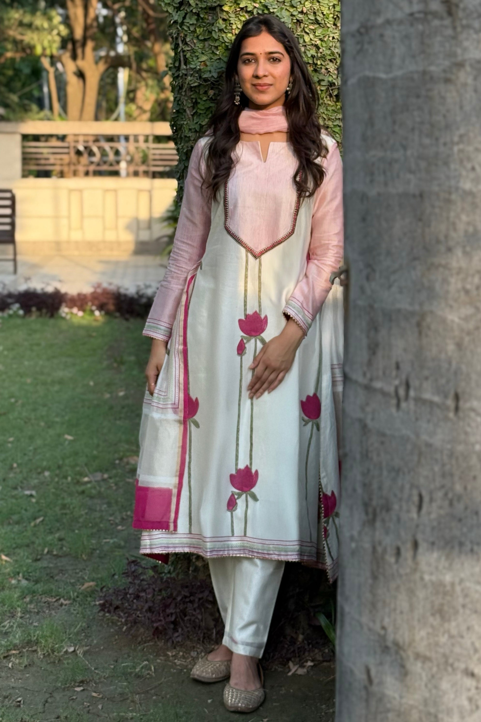 Ivory Lotus Pure Chanderi A-Line Suit Set