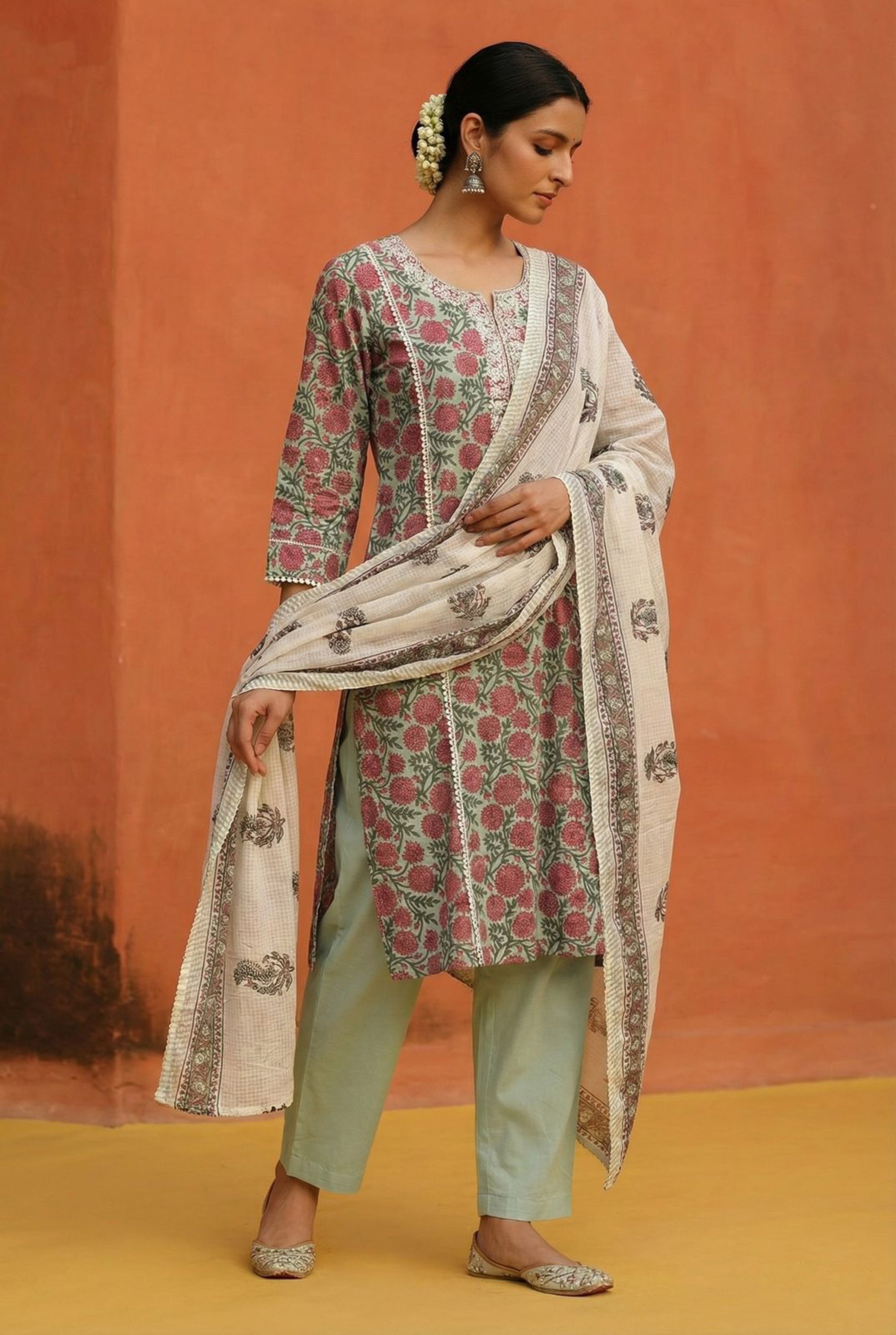 Pistachio Green Floral Cotton Suit Set with Kota Doria Dupatta | HER-291