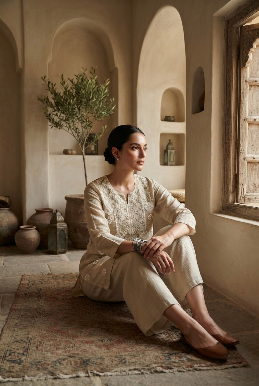 Sand Beige Mul-Chanderi Kurta/Co-ord Set