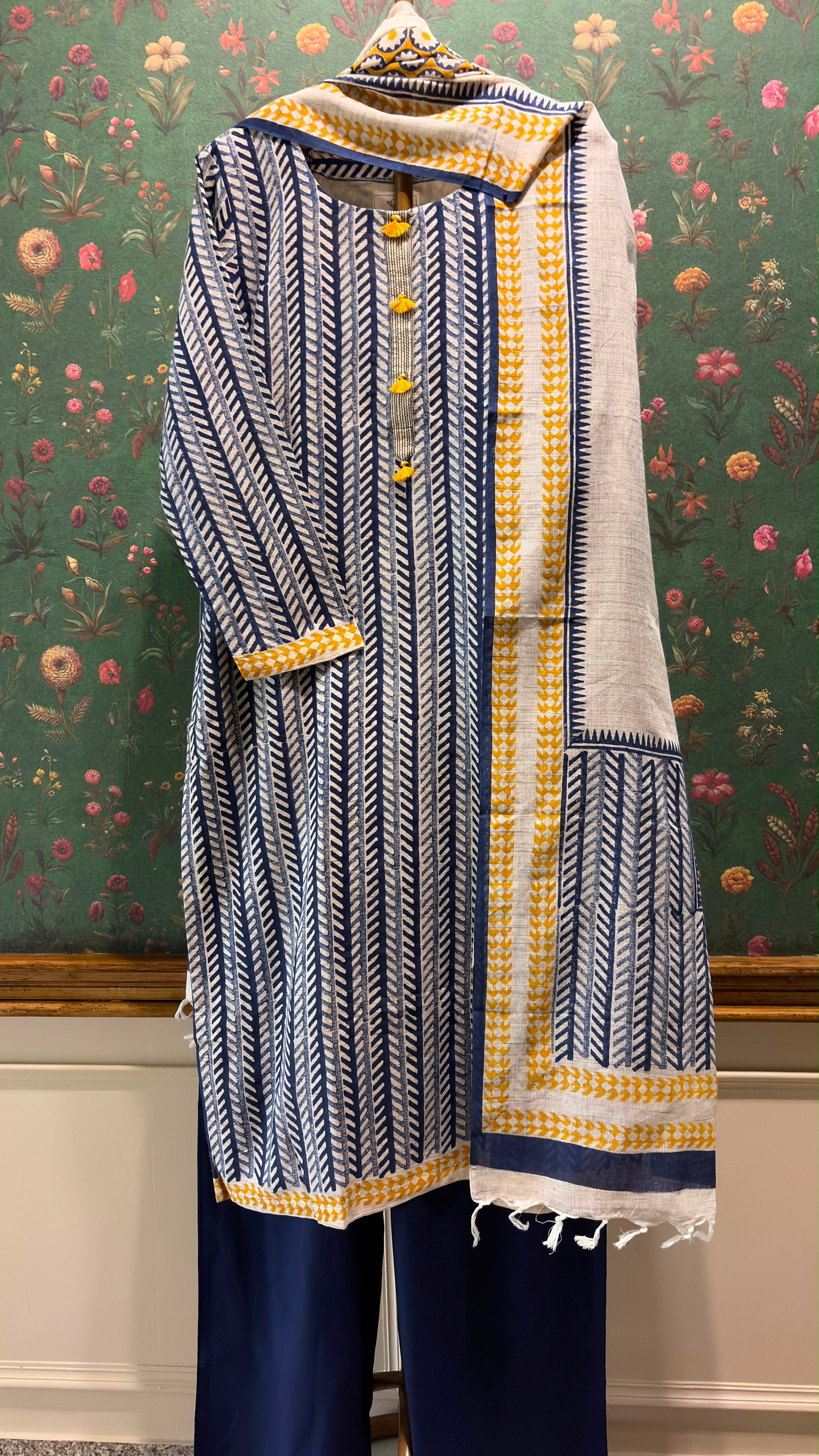 Indigo Mustard Handblock Printed Linen Suit Set