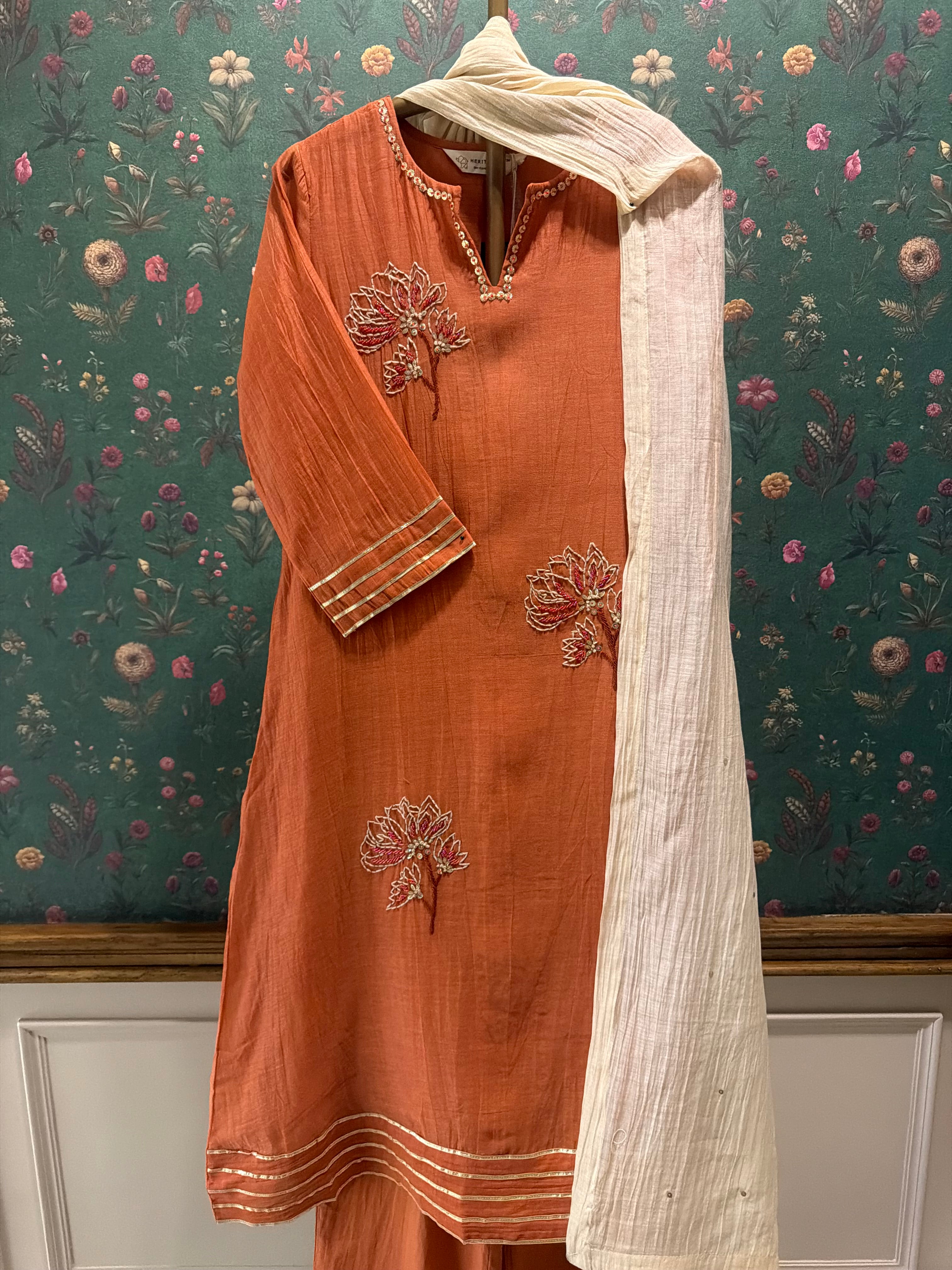 Rust Orange Embroidered A-Line Mul Chanderi Suit Set x Gargi Shah | HER-624