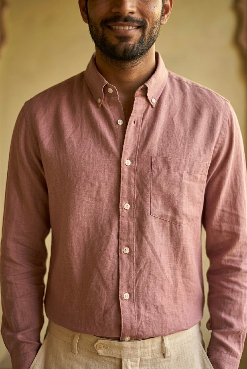 Dusty Rose Pink Men’s Pure Linen Full Sleeves Shirt