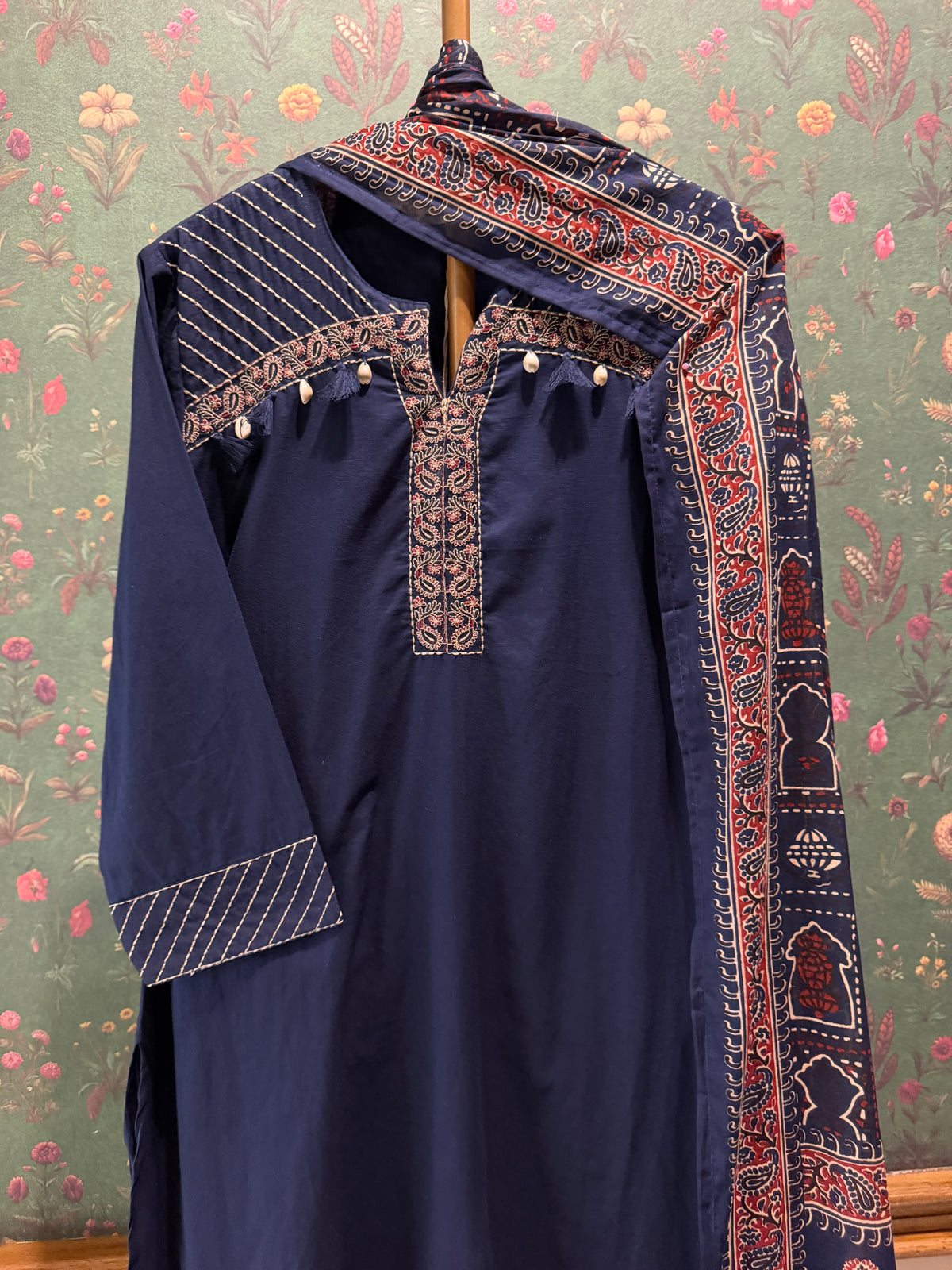 Navy Blue Embroidered Pure Cotton Suit Set
