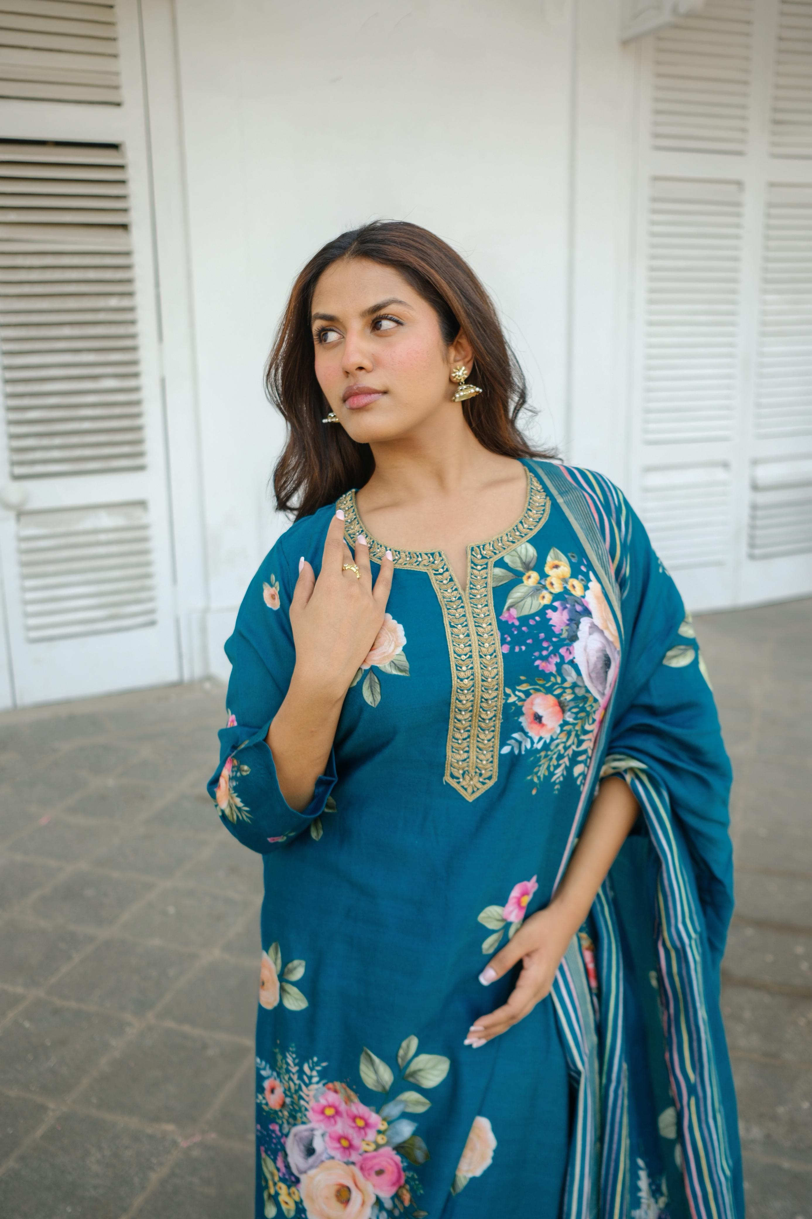 Emerald Teal Blue Floral Chanderi Suit Set x Celina | HER-606