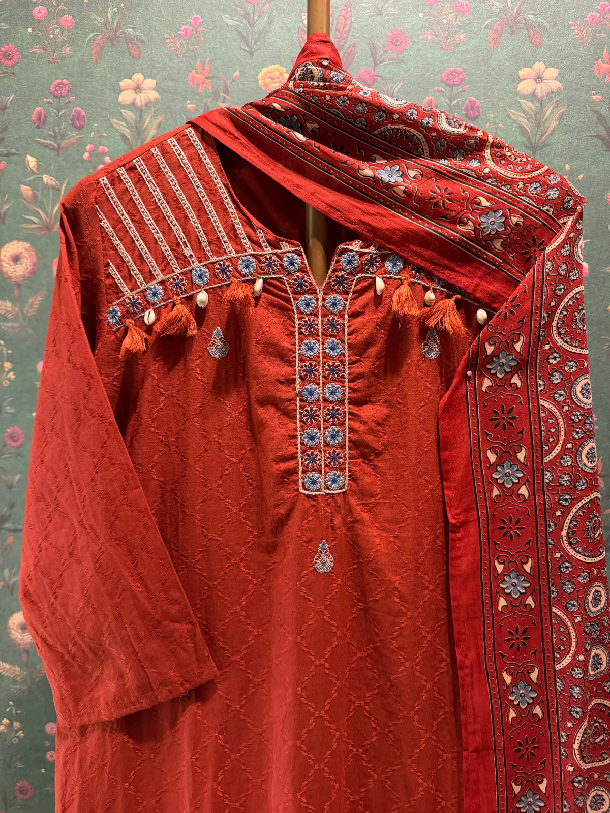 Rust Orange Embroidered Pure Cotton Suit Set