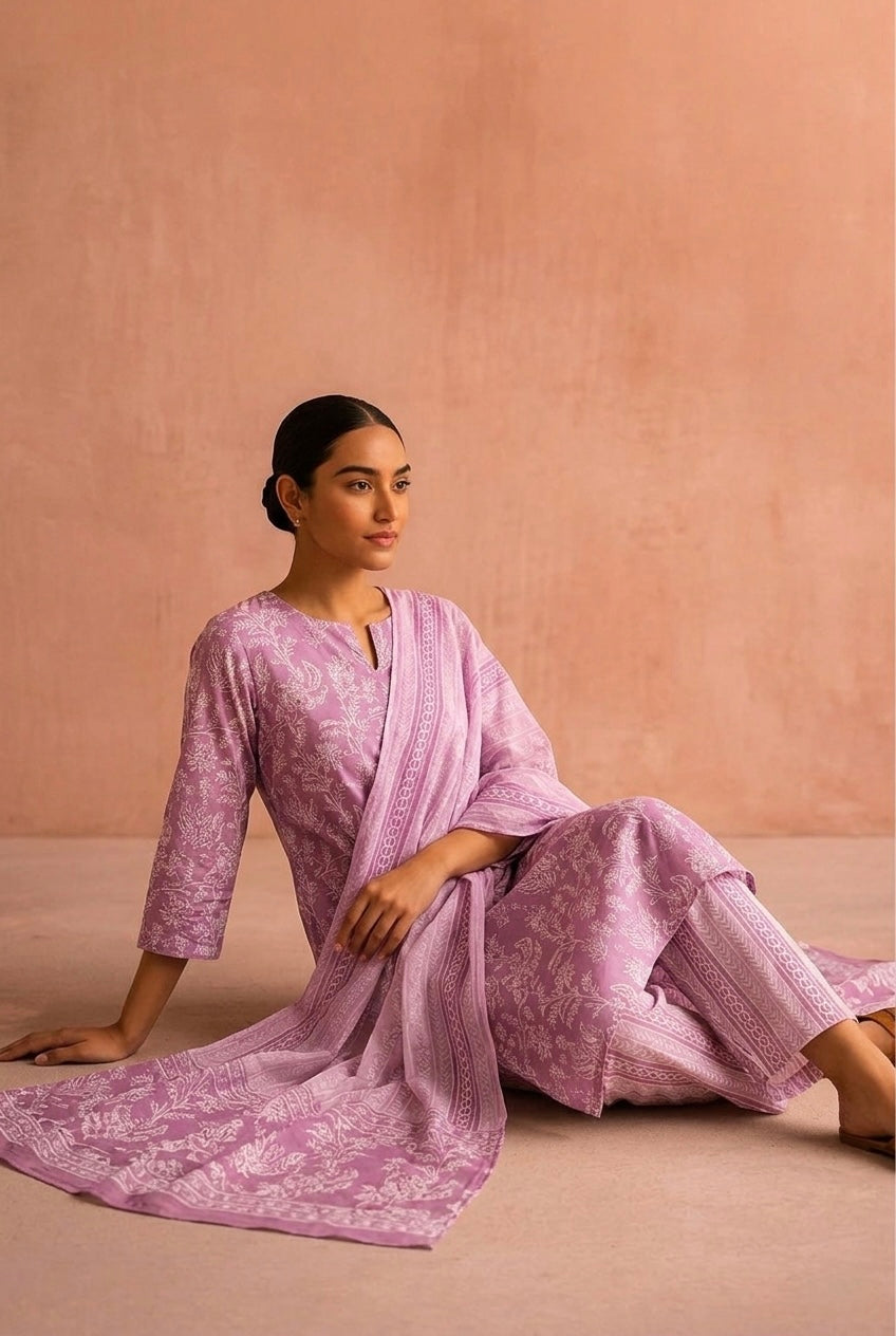 Blush Pink Printed Cotton Suit Set | HER-731