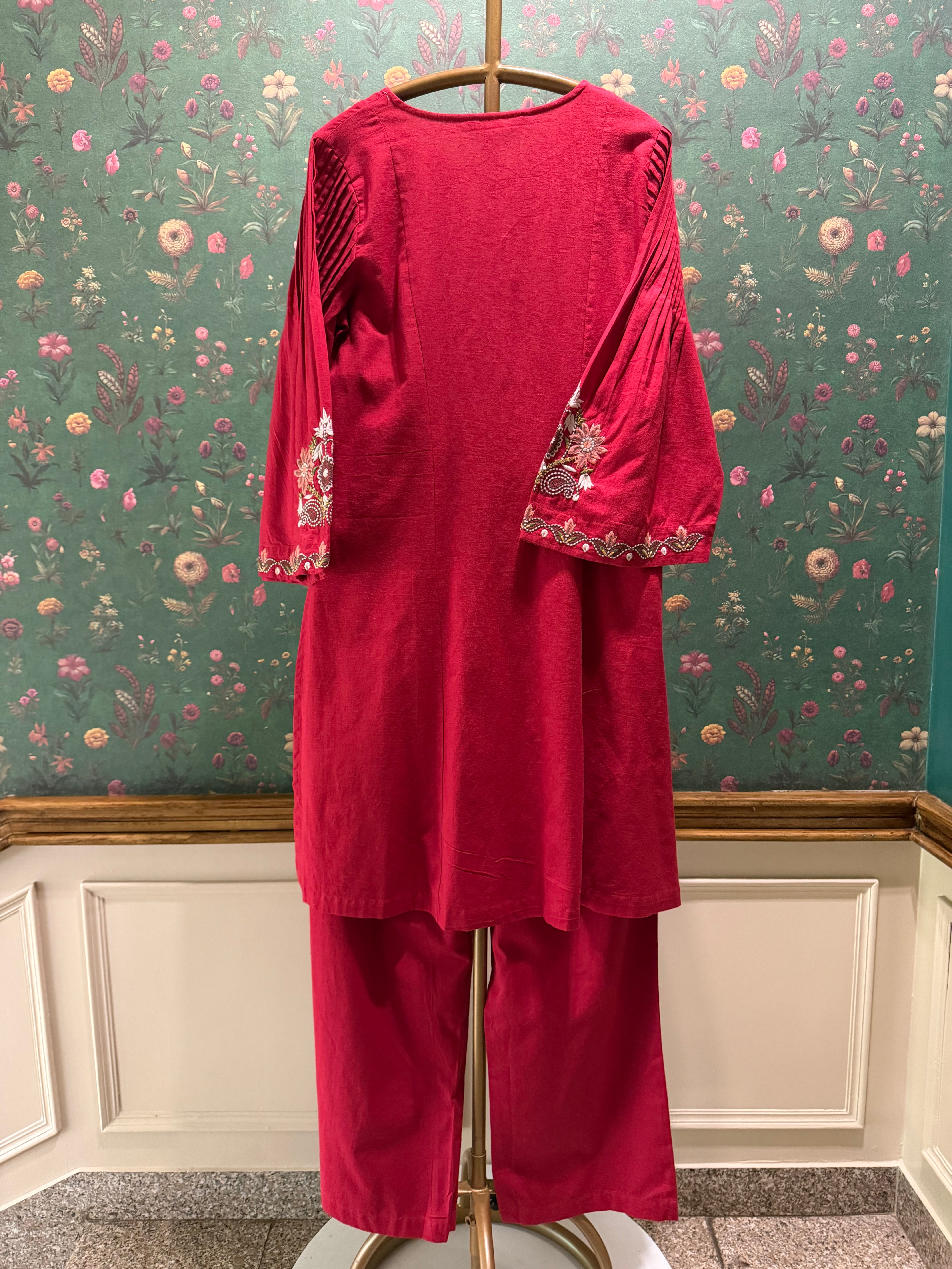 Raspberry Red Embroidered A-Line Kurta Set | HER-723