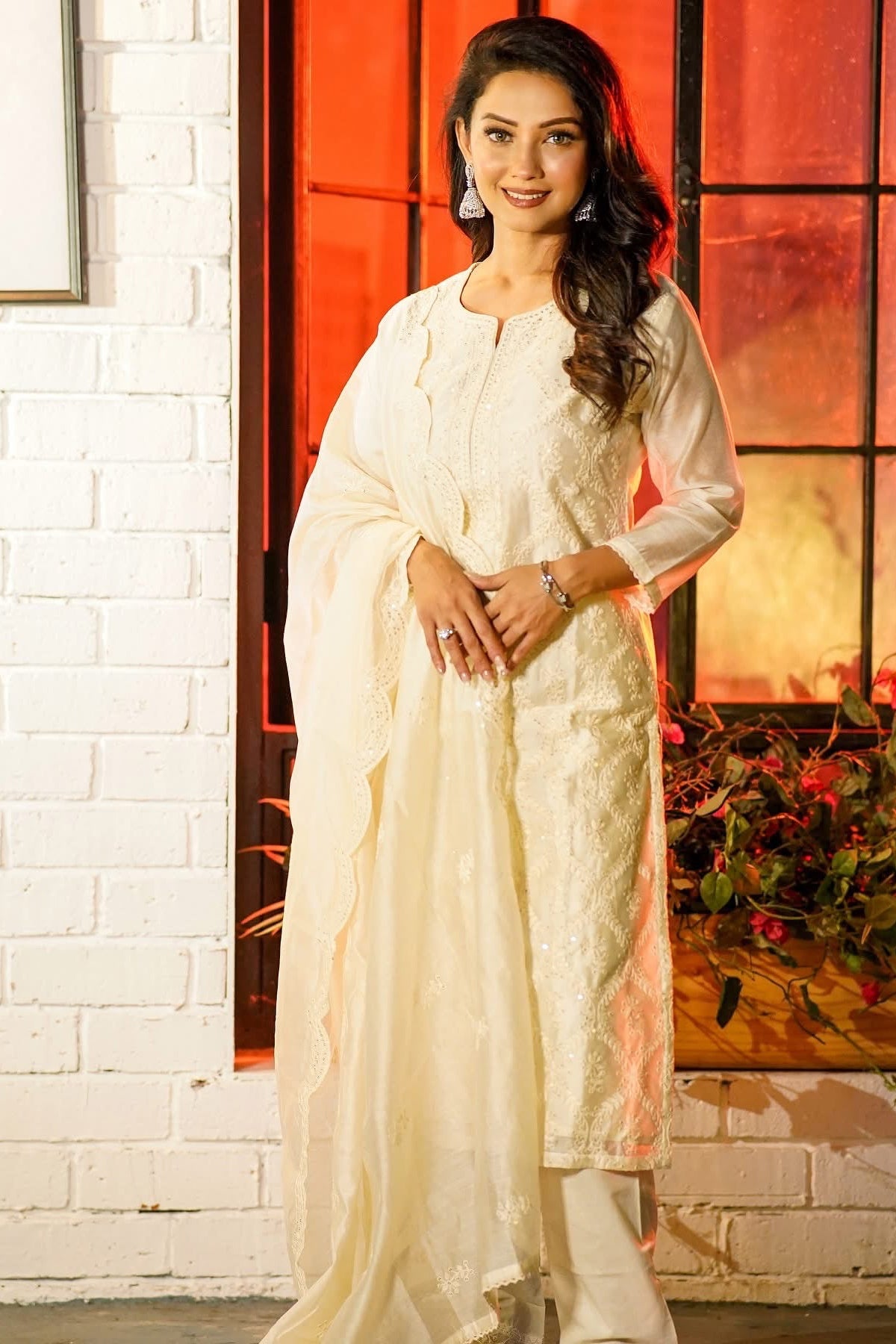 Ziya Off-White Chanderi Suit Set | HER-418