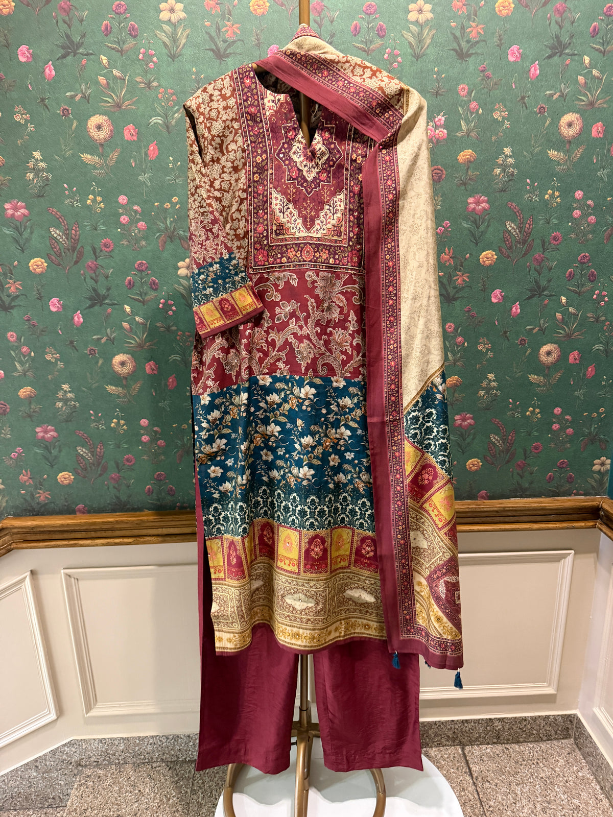 Maroon Printed Soft Silk Suit Set