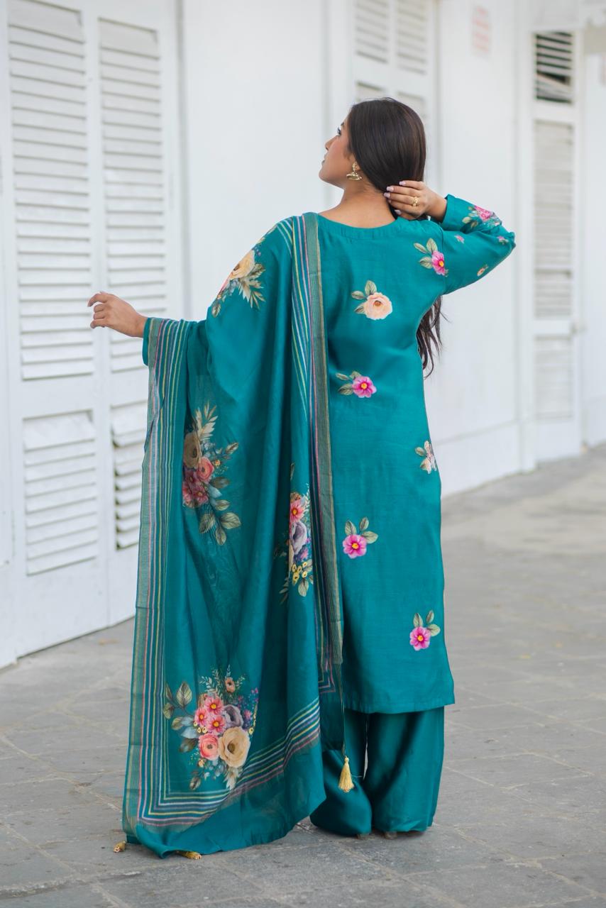 Emerald Teal Blue Floral Chanderi Suit Set | HER-606