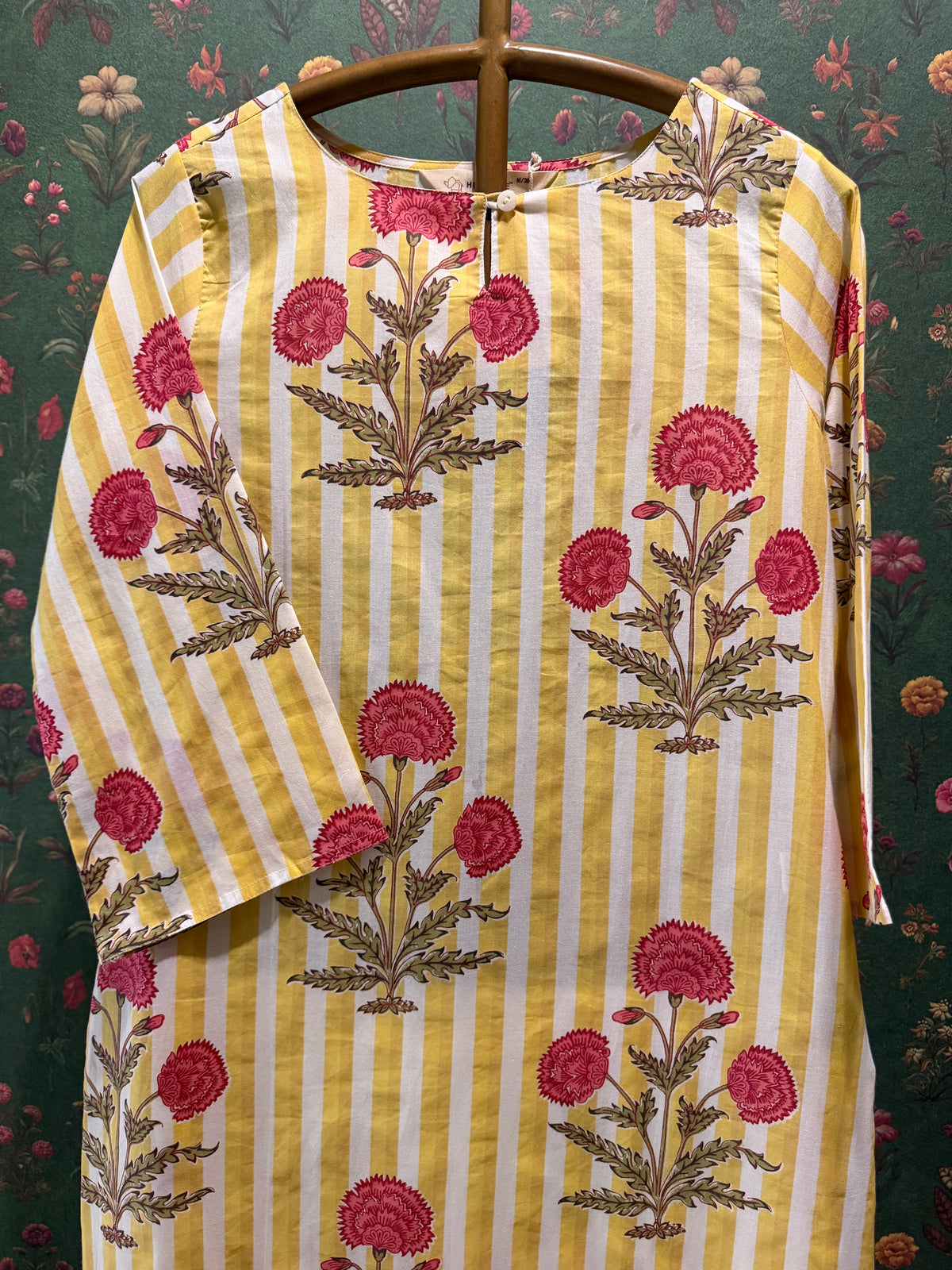 Mustard Floral Stripe Kurta Set