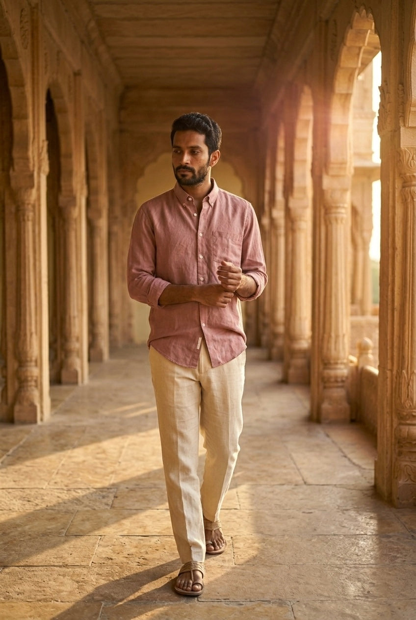 Dusty Rose Pink Men’s Pure Linen Full Sleeves Shirt