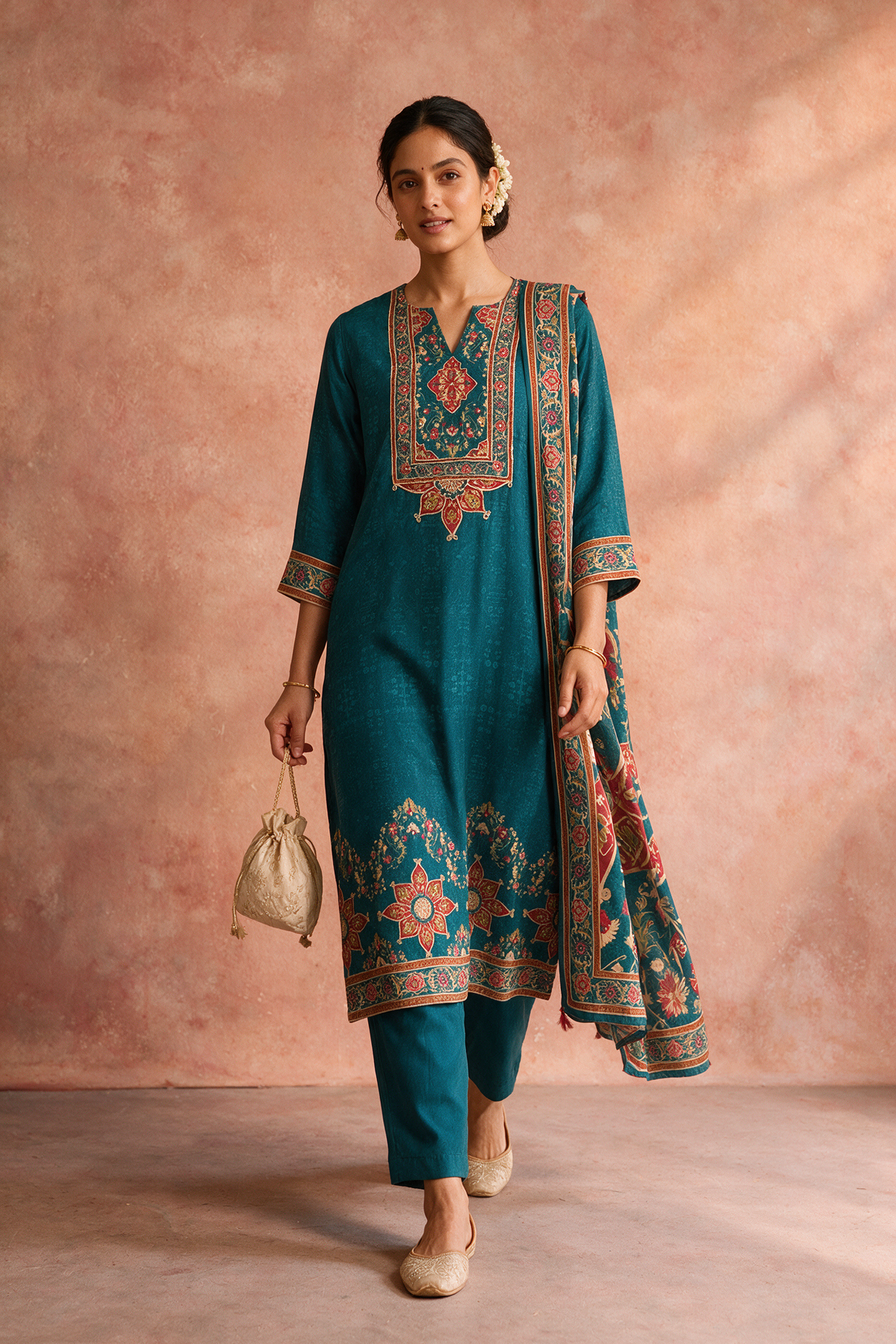 Teal Green Printed Soft Silk Suit Set