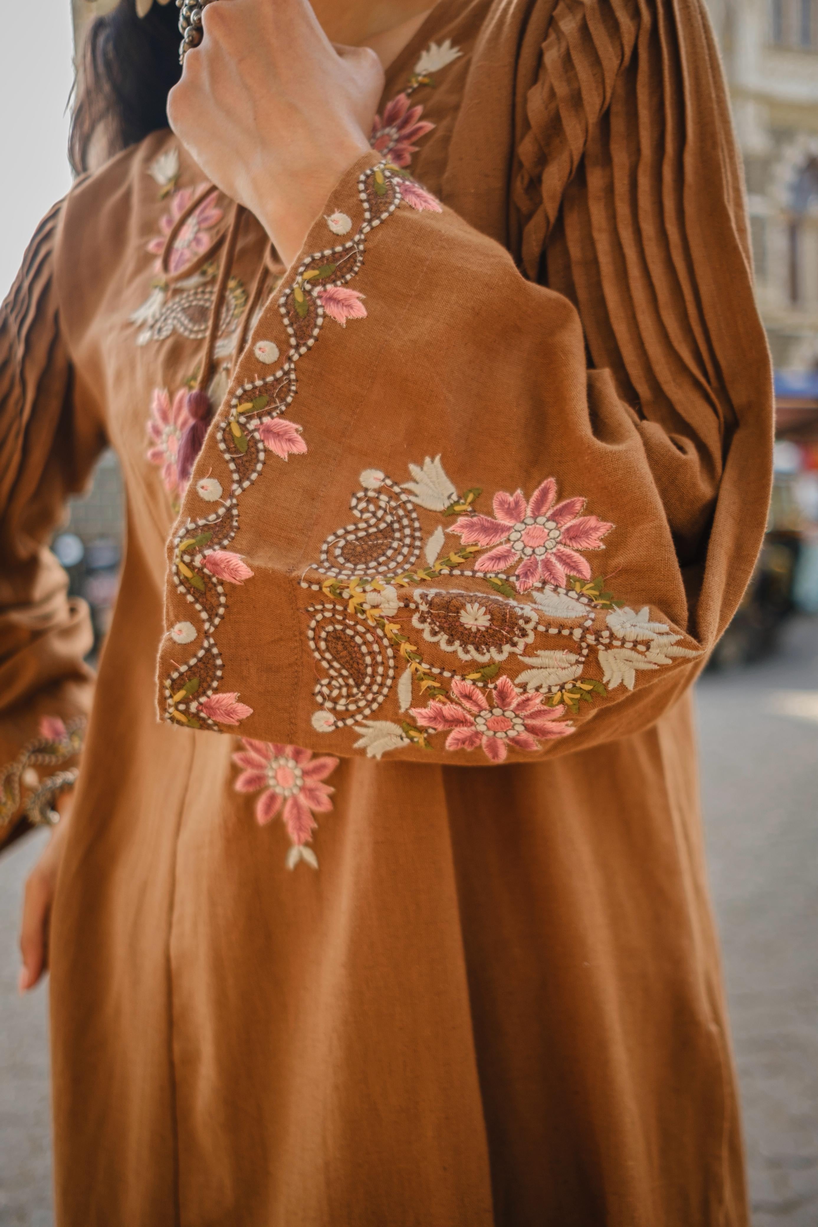 Caramel Brown Embroidered A-Line Kurta Set | HER-723