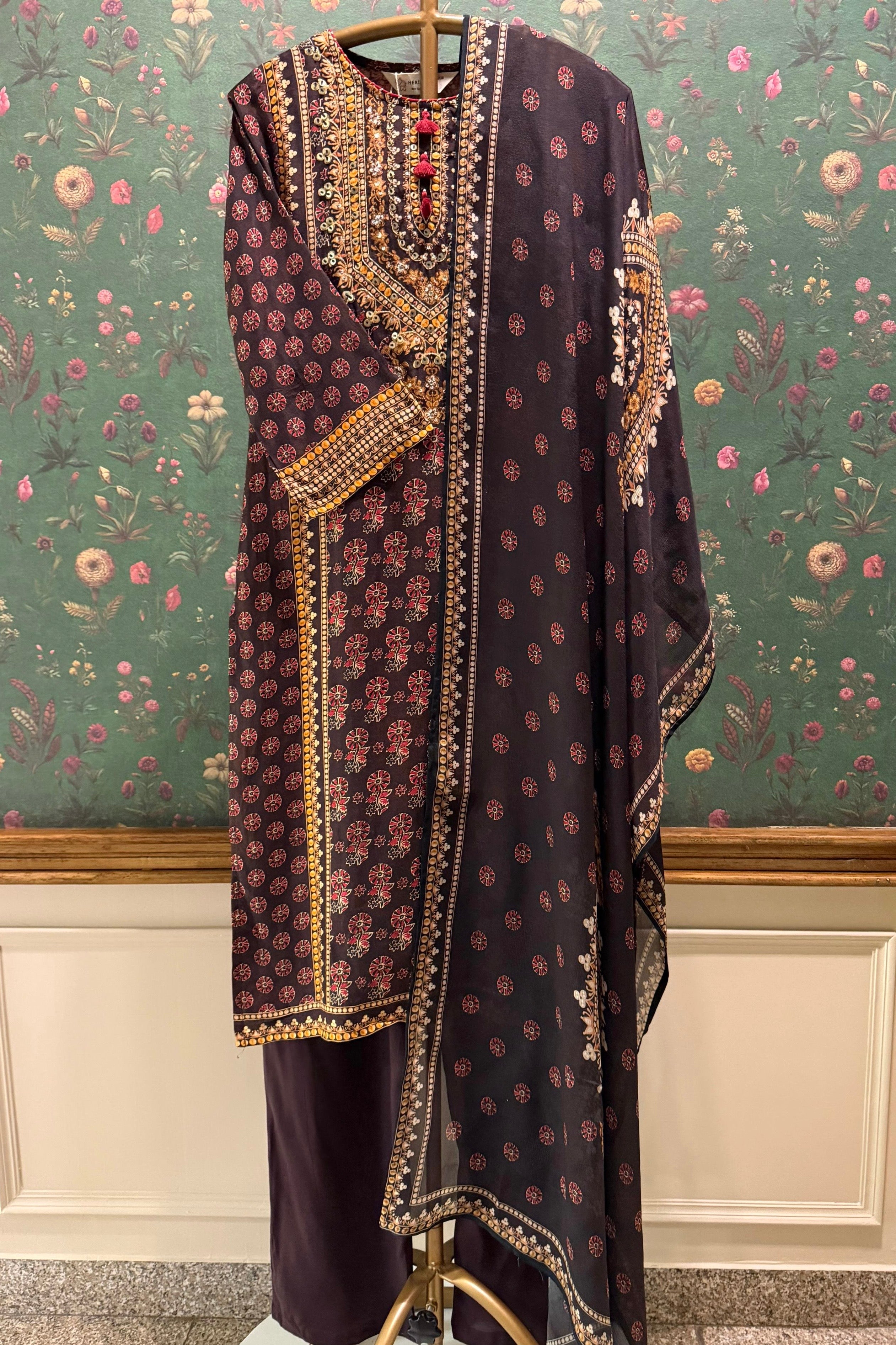 Dark Brown Mughal Motif Embellished Suit Set | HER-615